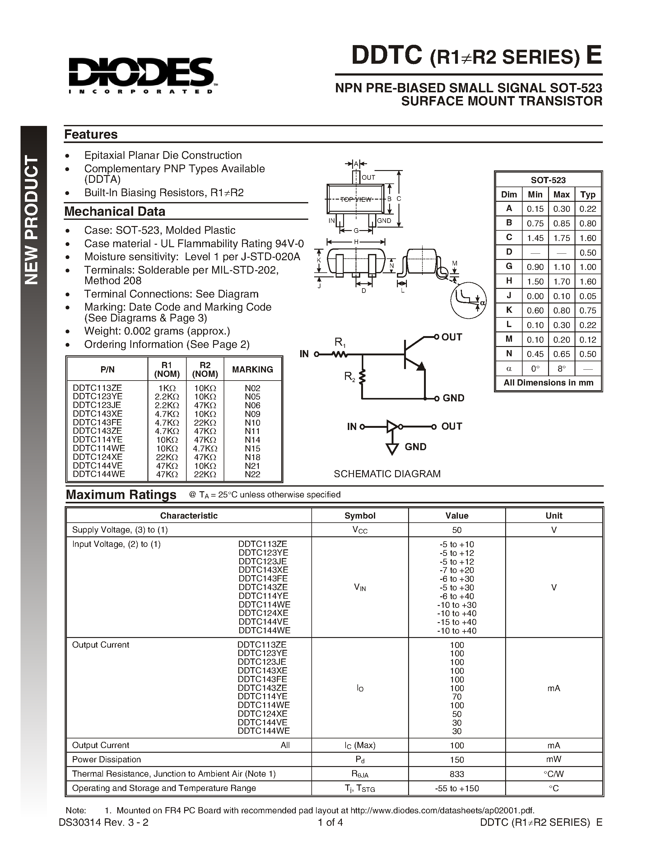 Даташит DDTC113ZE-7 - NPN PRE-BIASED SMALL SIGNAL SOT-523 SURFACE MOUNT TRANSISTOR страница 1