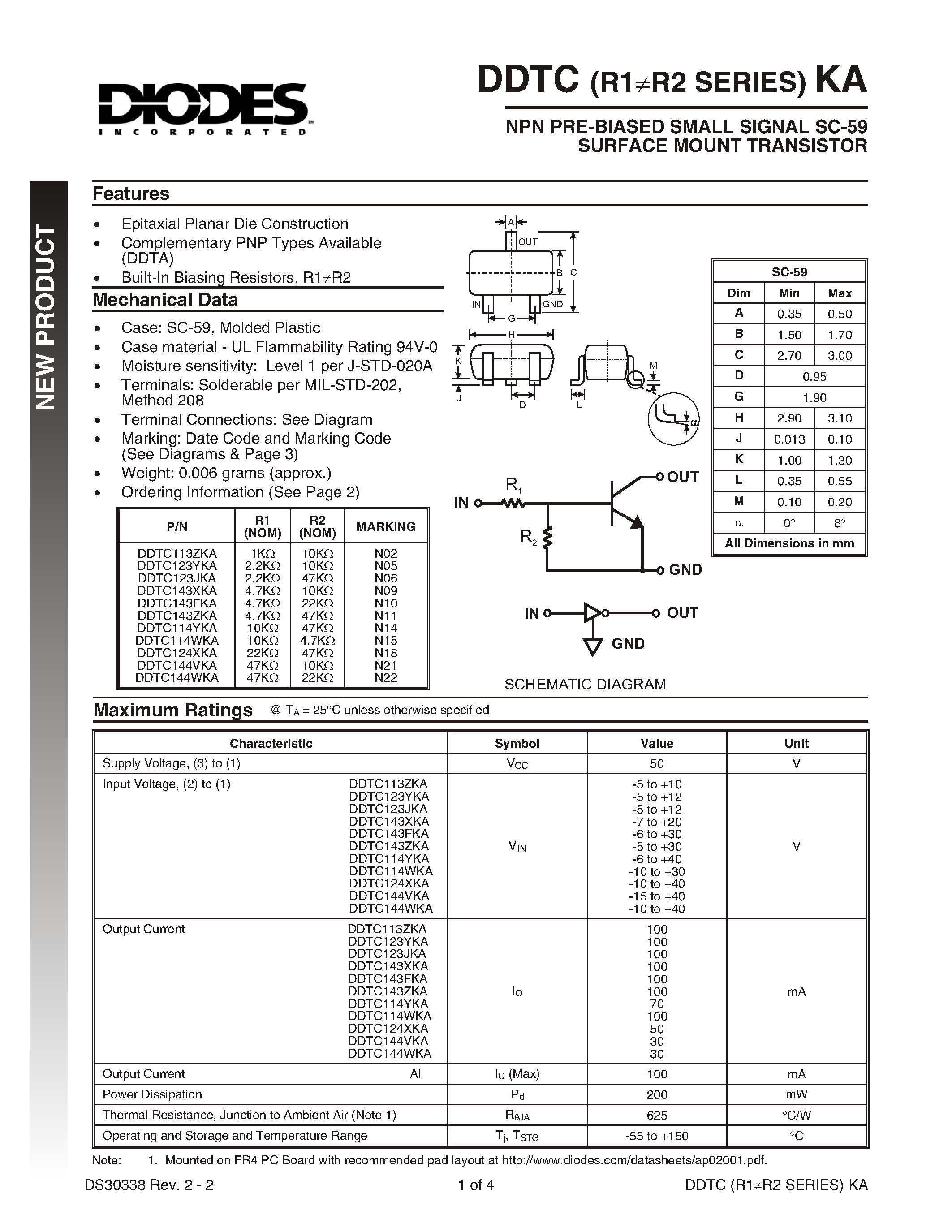 Даташит DDTC113ZKA-7 - NPN PRE-BIASED SMALL SIGNAL SC-59 SURFACE MOUNT TRANSISTOR страница 1