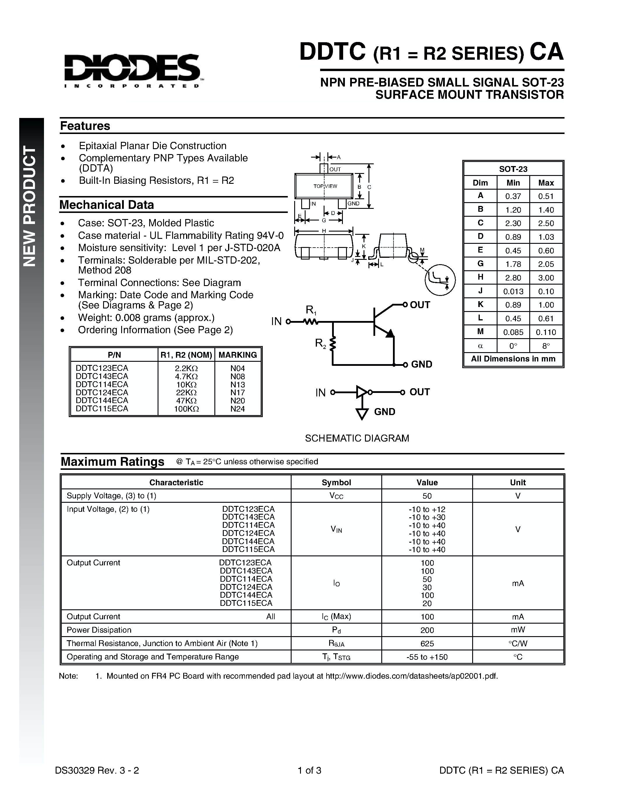 Datasheet DDTC114ECA-7 - NPN PRE-BIASED SMALL SIGNAL SOT-23 SURFACE MOUNT TRANSISTOR page 1