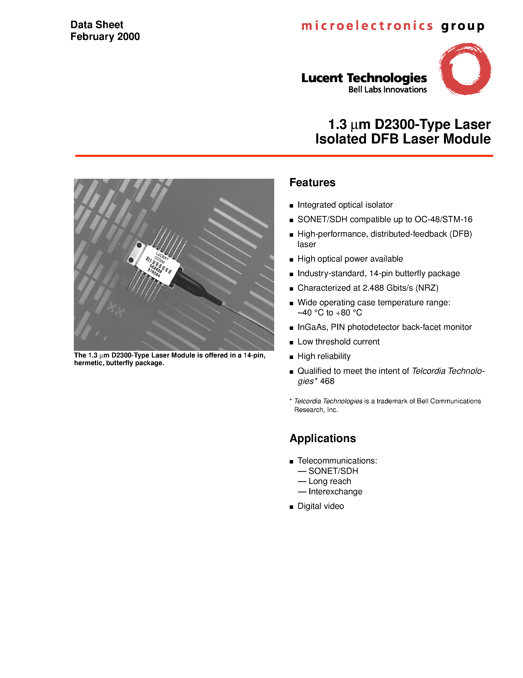 Datasheet D2300 - 1.3 mm D2300-Type Laser Isolated DFB Laser Module page 1