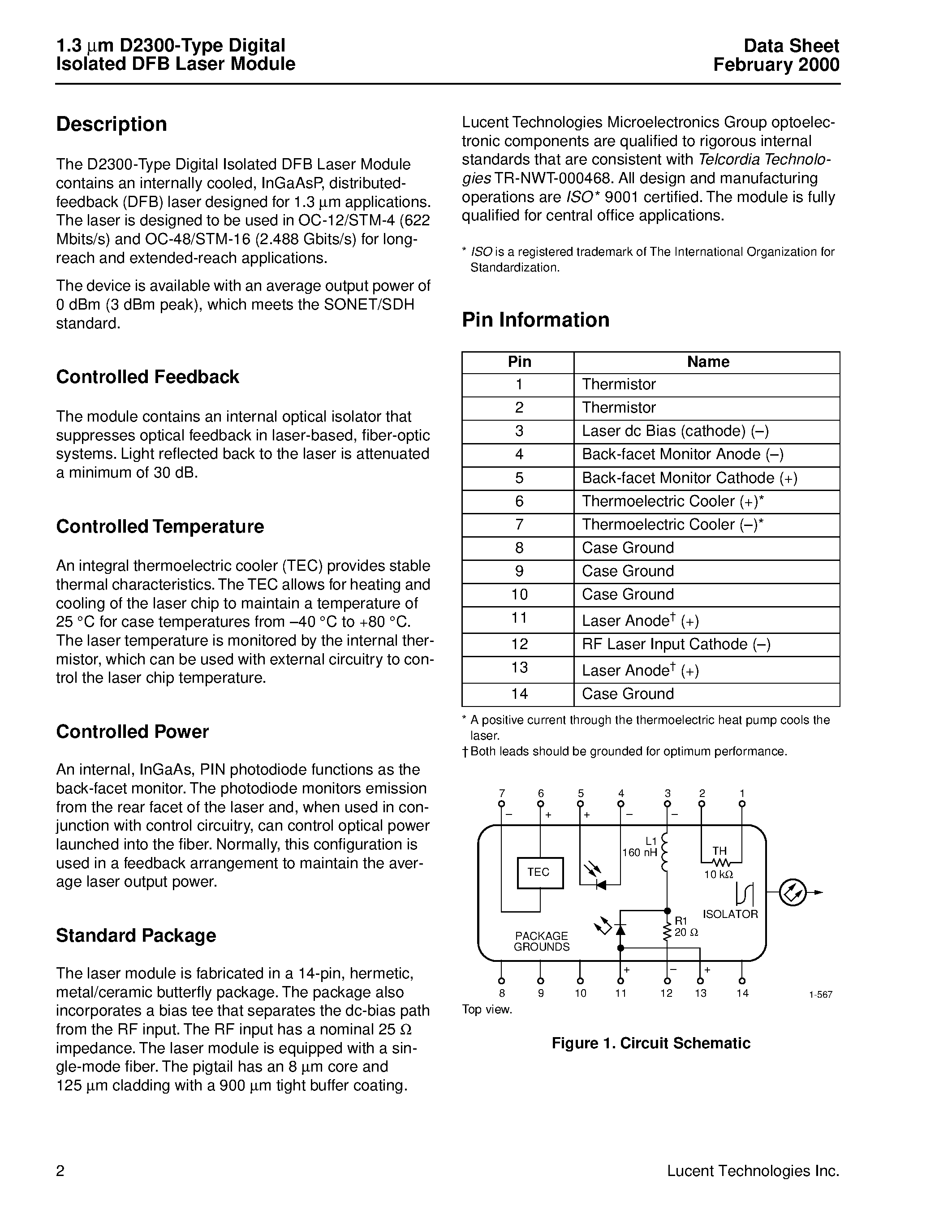 Datasheet D2300 - 1.3 mm D2300-Type Laser Isolated DFB Laser Module page 2