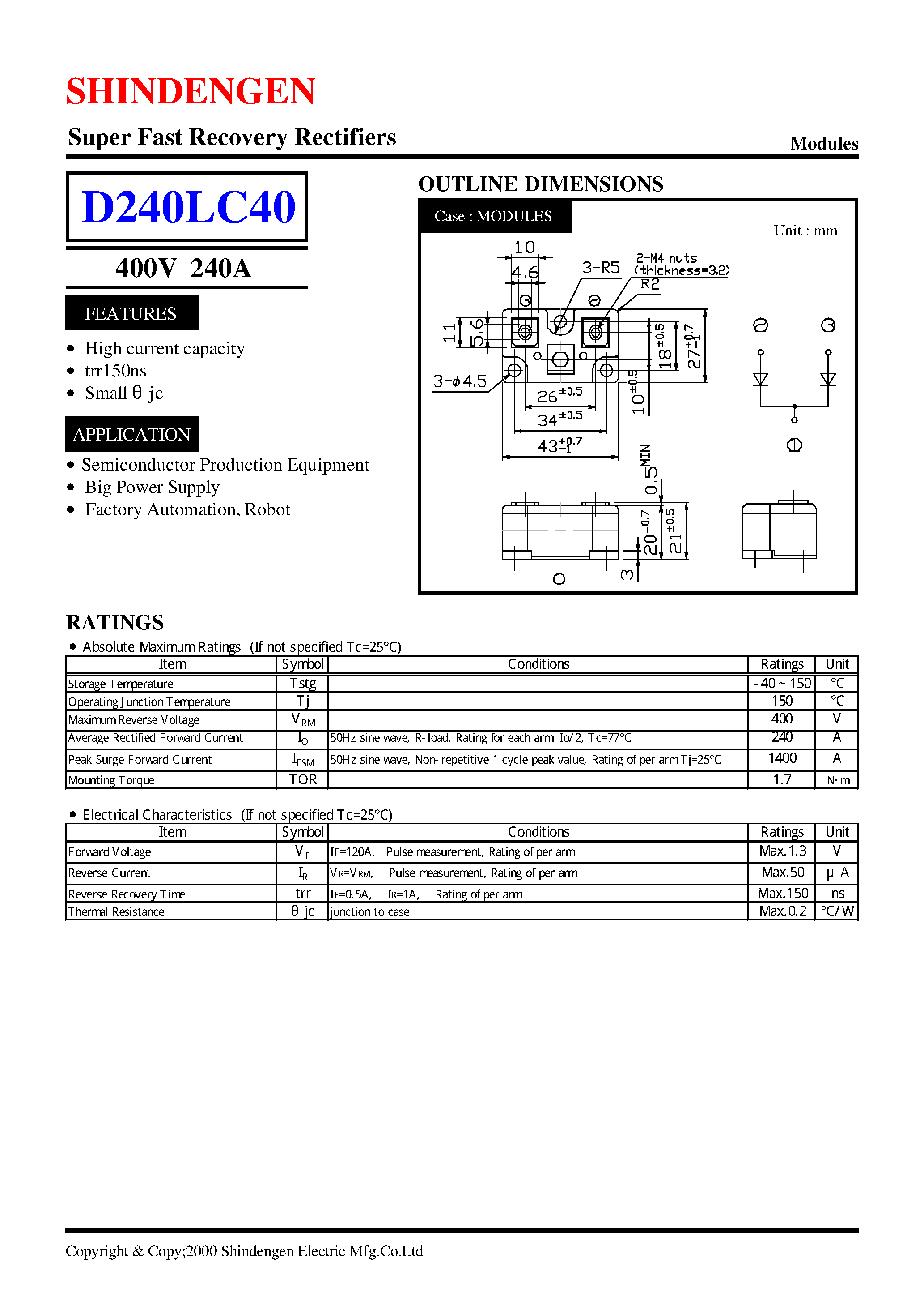 Datasheet D240LC40 page 1 Datasheet D240LC40 - Super Fast Recovery Rectifiers(400V 240A) page 1
