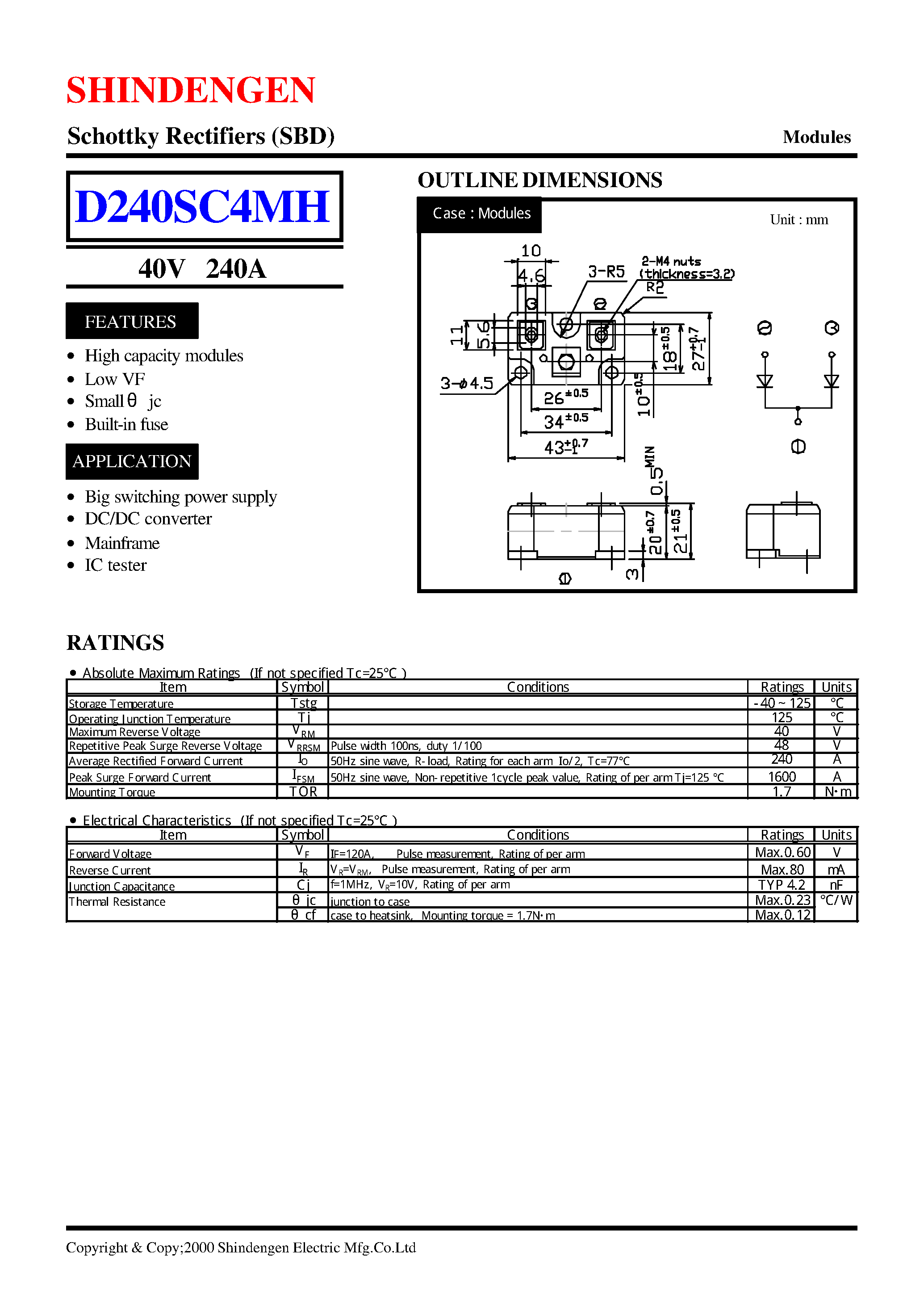Datasheet D240SC4MH - Schottky Rectifiers (SBD) (40V 240A) page 1