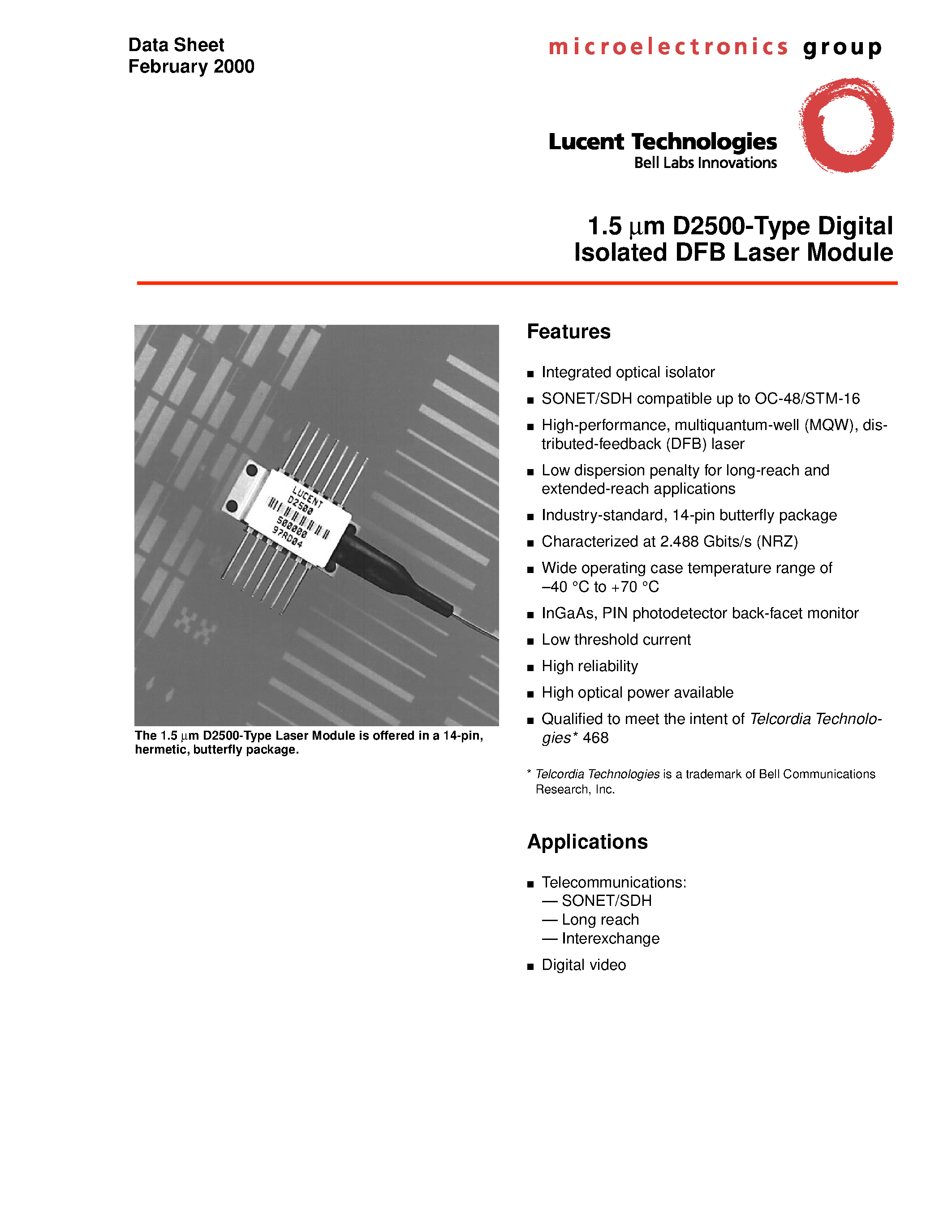 Datasheet D2500 - 1.5 m m D2500-Type Digital Isolated DFB Laser Module page 1