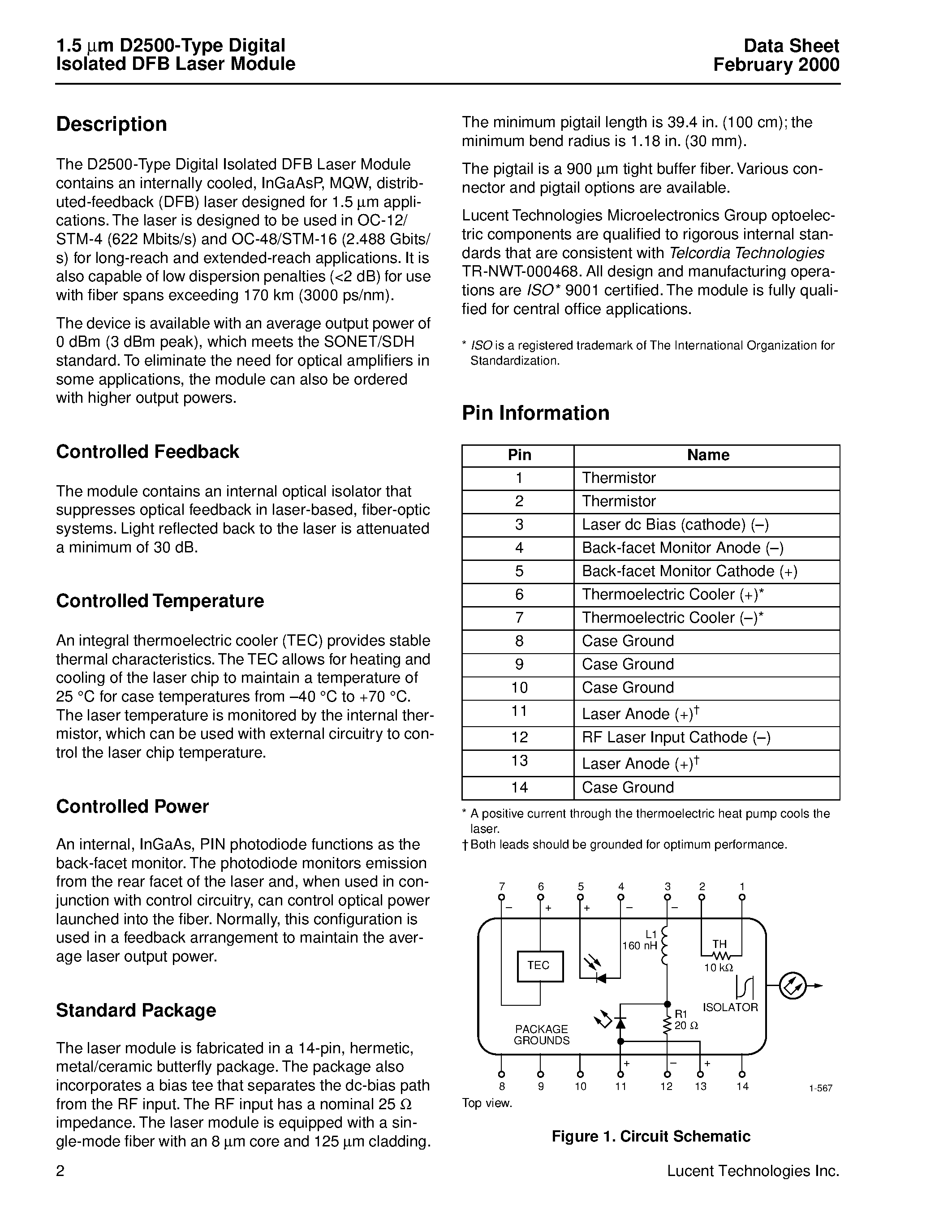 Datasheet D2511G page 2 Datasheet D2511G - 1.5 m m D2500-Type Digital Isolated DFB Laser Module page 2