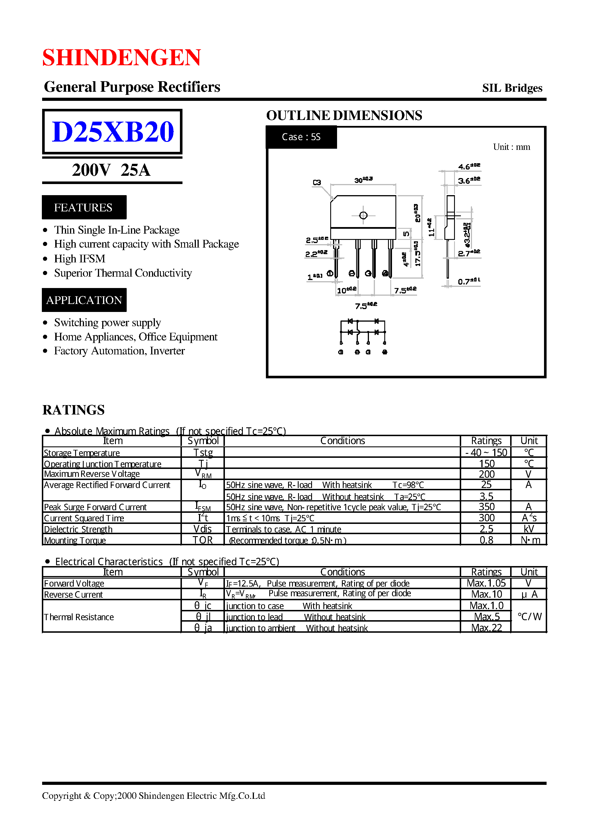 Datasheet D25XB20 page 1 Datasheet D25XB20 - General Purpose Rectifiers(200V 25A) page 1