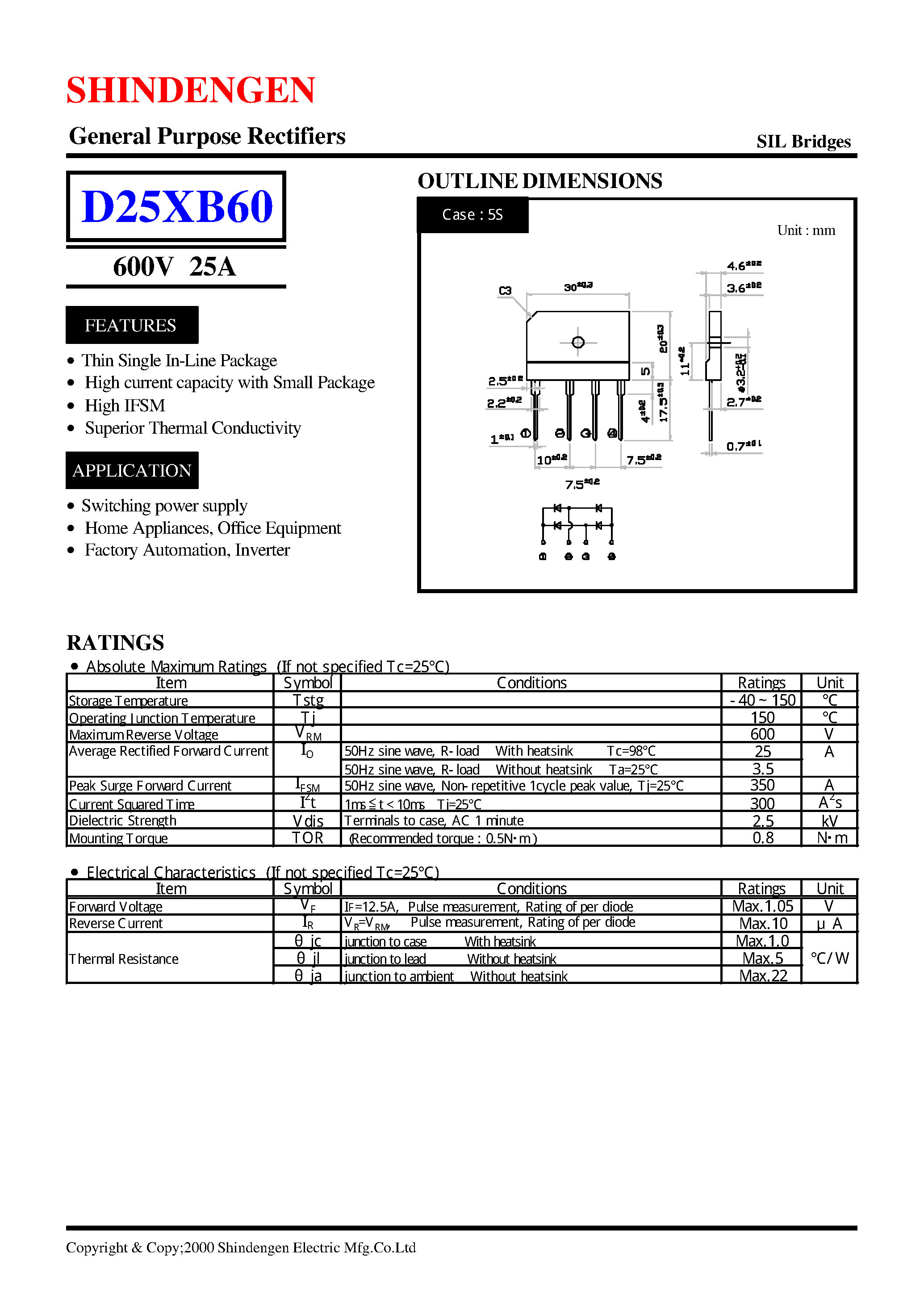 Datasheet D25XB60 page 1 Datasheet D25XB60 - General Purpose Rectifiers(600V 25A) page 1