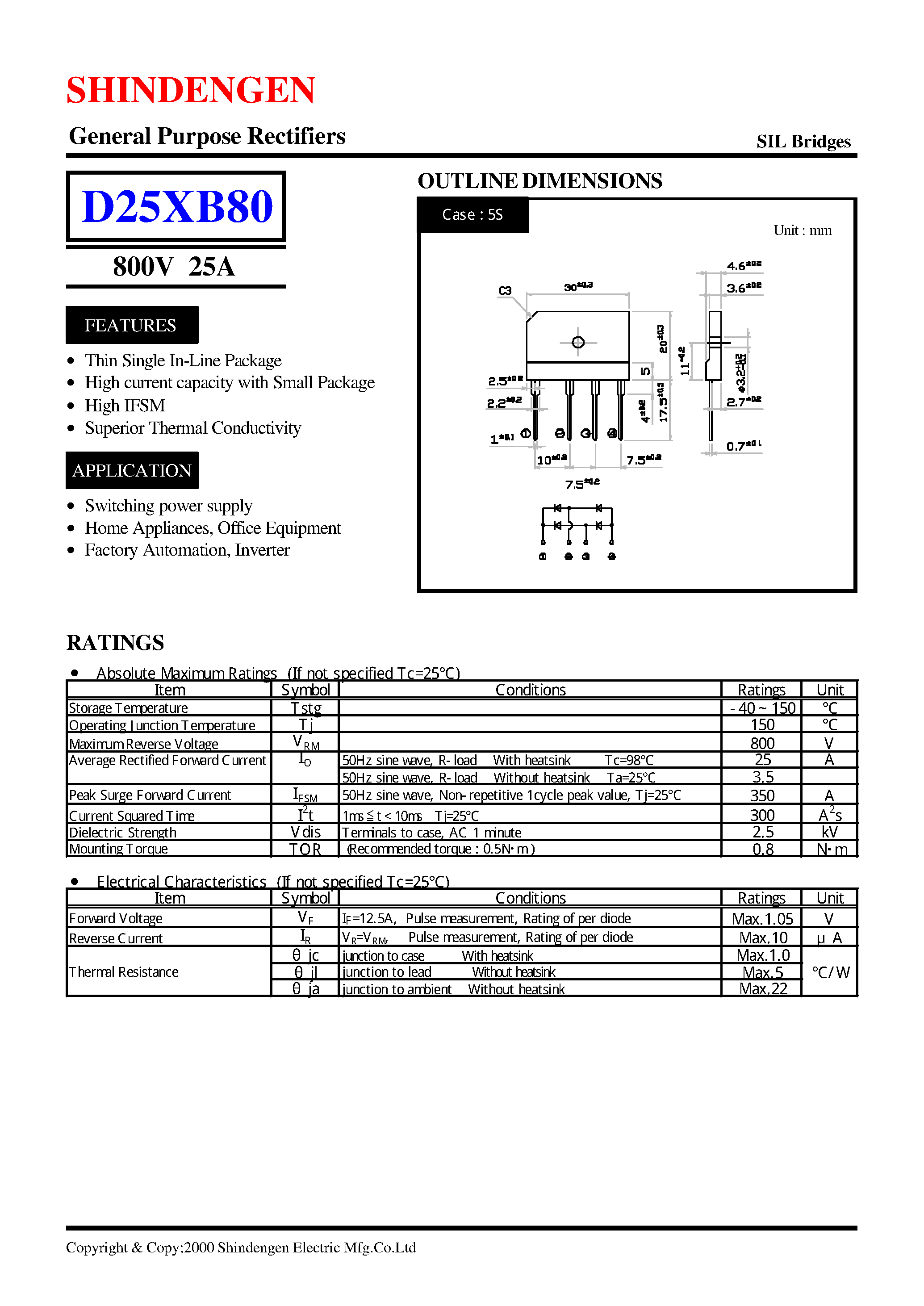 Datasheet D25XB80 page 1 Datasheet D25XB80 - General Purpose Rectifiers(800V 25A) page 1