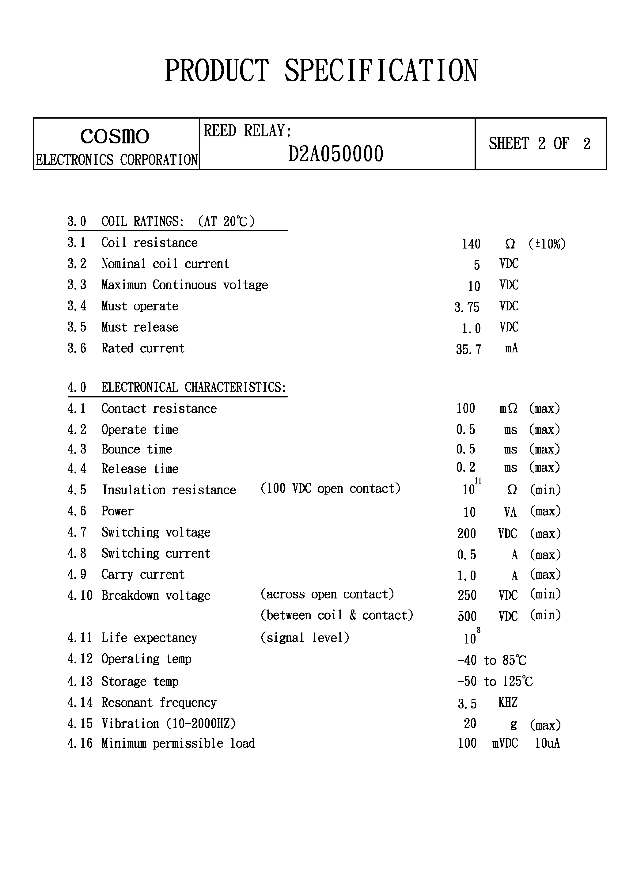 Даташит D2A050000 - REED RELAY страница 2