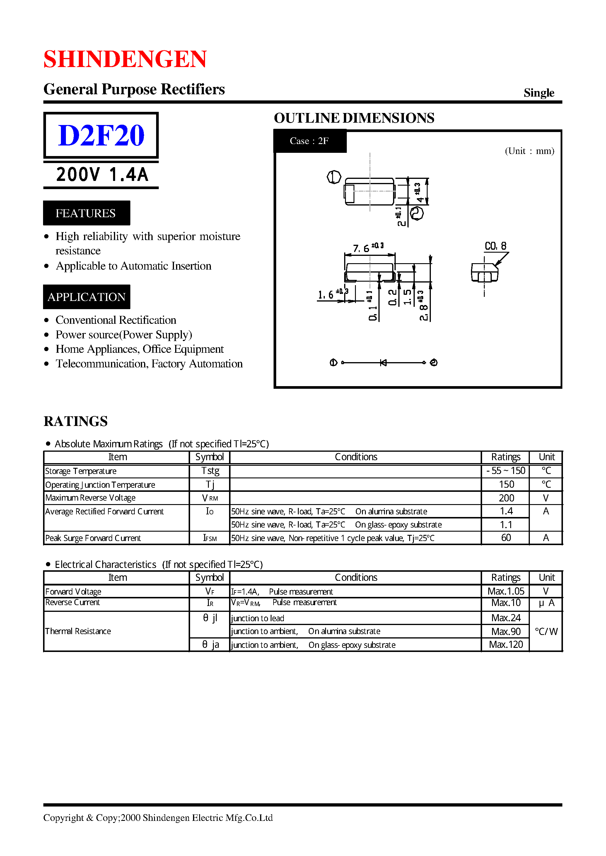 Даташит на микросхему D2F20 страница 1 Даташит D2F20 - General Purpose Rectifiers(200V 1.4A) страница 1