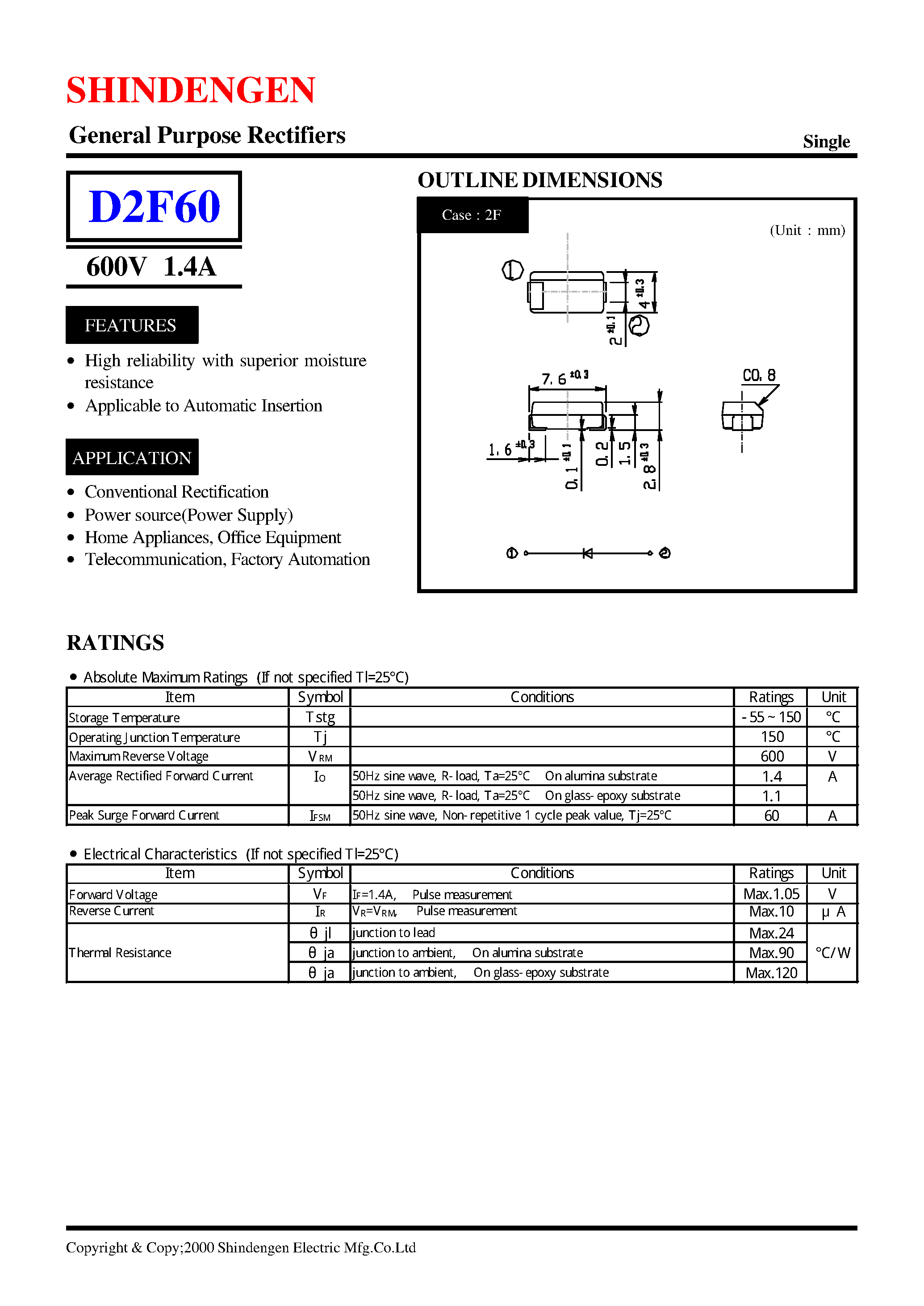 Даташит на микросхему D2F60 страница 1 Даташит D2F60 - General Purpose Rectifiers(600V 1.4A) страница 1