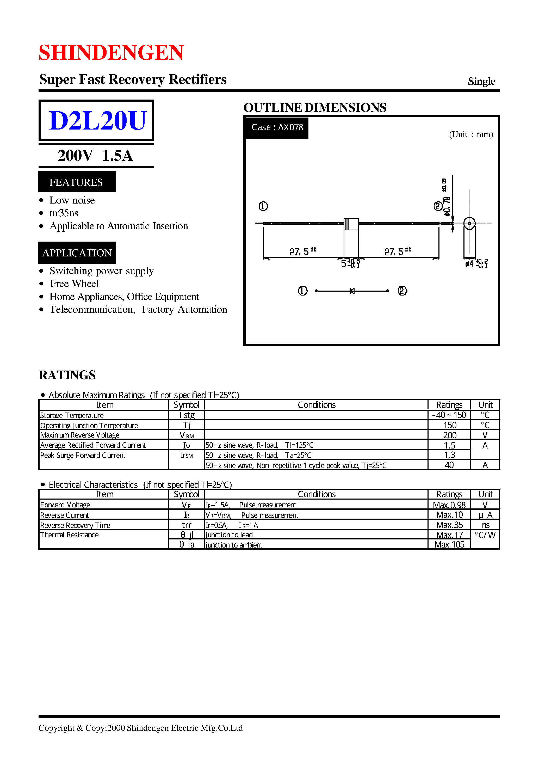 Даташит D2L20U - Super Fast Recovery Rectifiers(200V 1.5A) страница 1