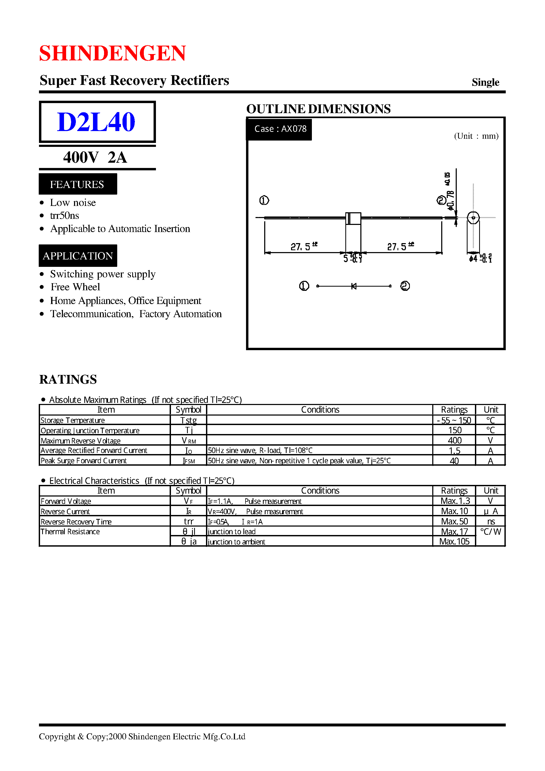 Datasheet D2L40 - Super Fast Recovery Rectifiers(400V 2A) page 1