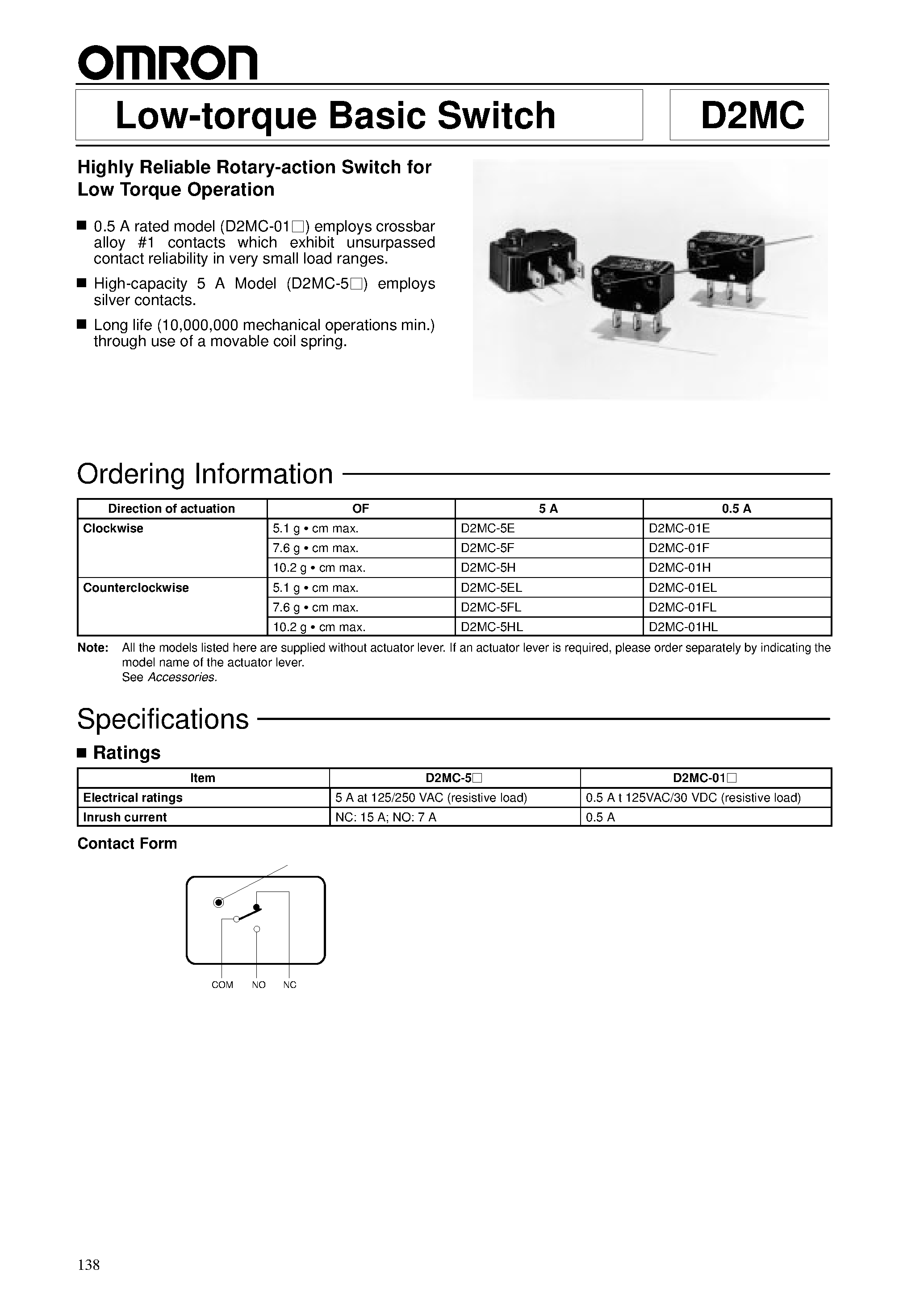 Даташит на микросхему D2MC страница 1 Даташит D2MC - Low-torque Basic Switch страница 1