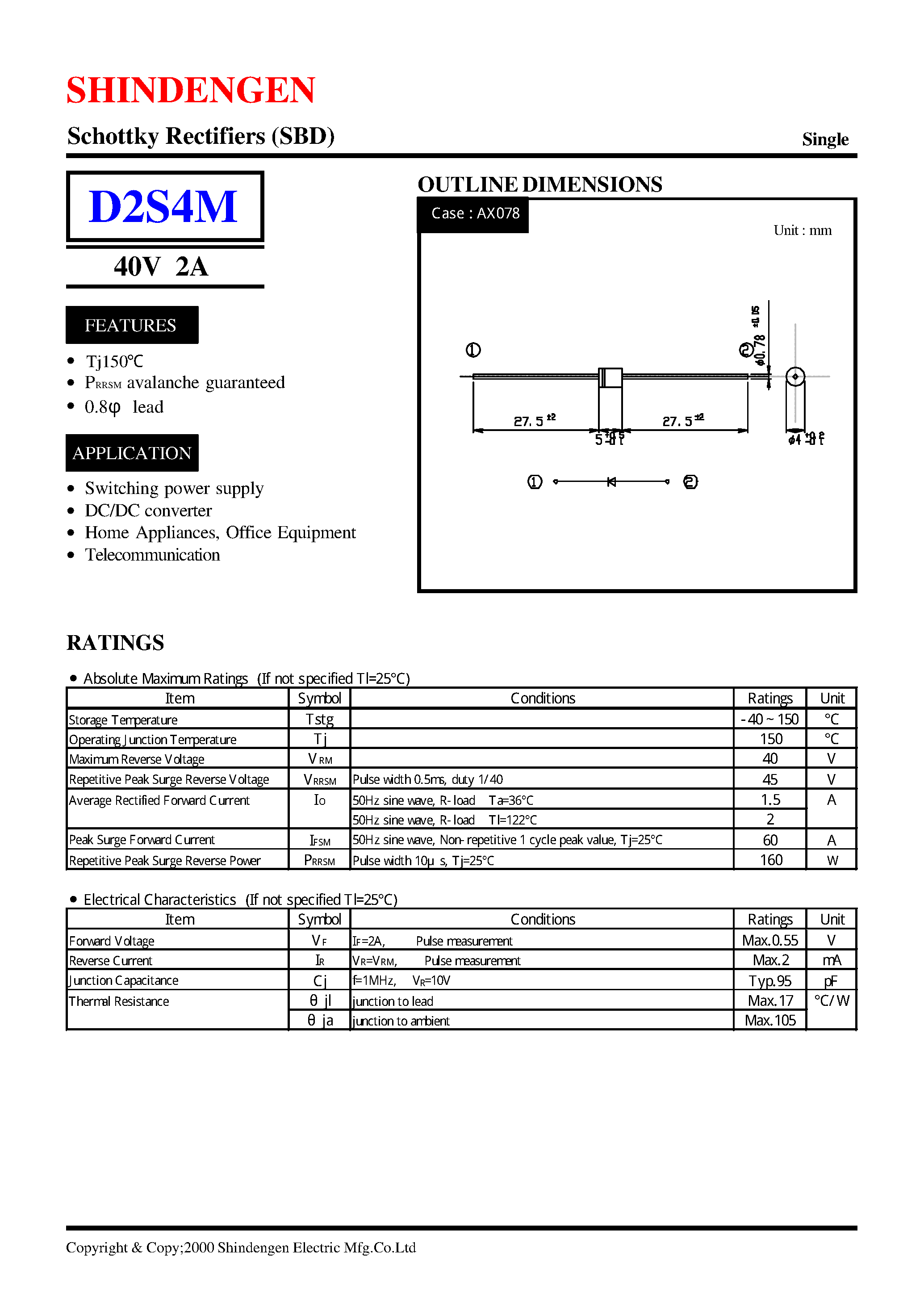 Datasheet D2S4M - Schottky Rectifiers (SBD) (40V 2A) page 1