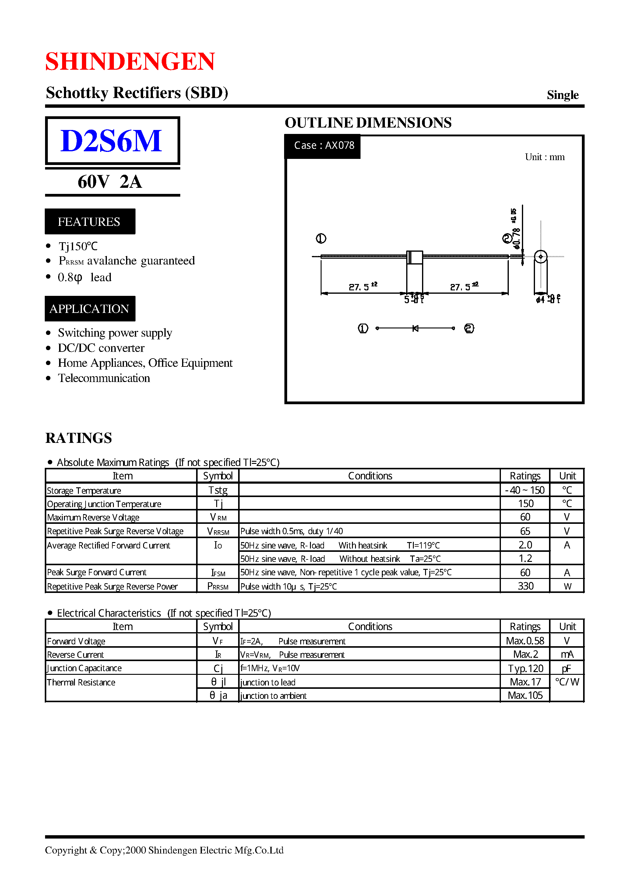 Datasheet D2S6M - Schottky Rectifiers (SBD) (60V 2A) page 1