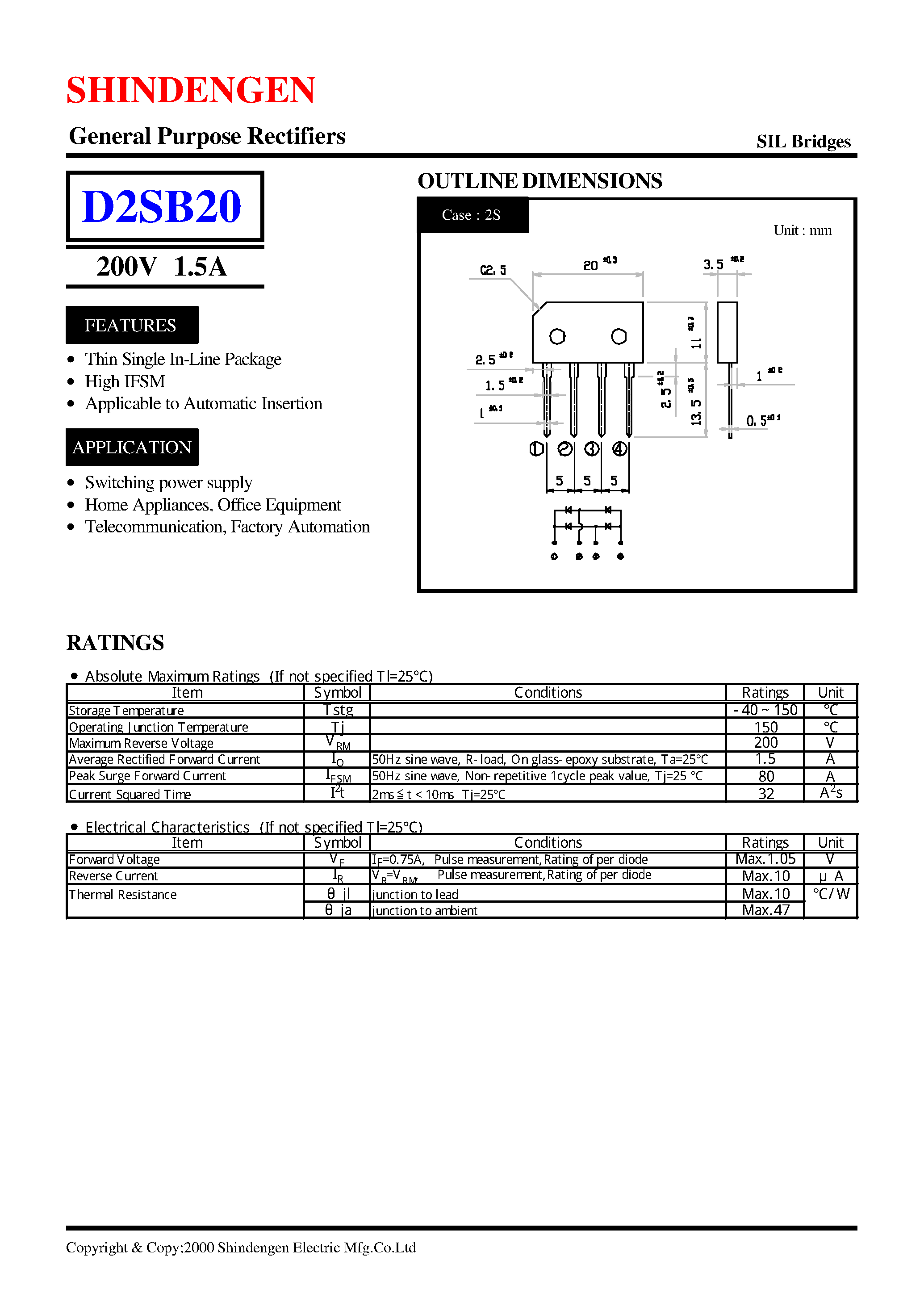 Даташит на микросхему D2SB20 страница 1 Даташит D2SB20 - General Purpose Rectifiers(200V 1.5A) страница 1