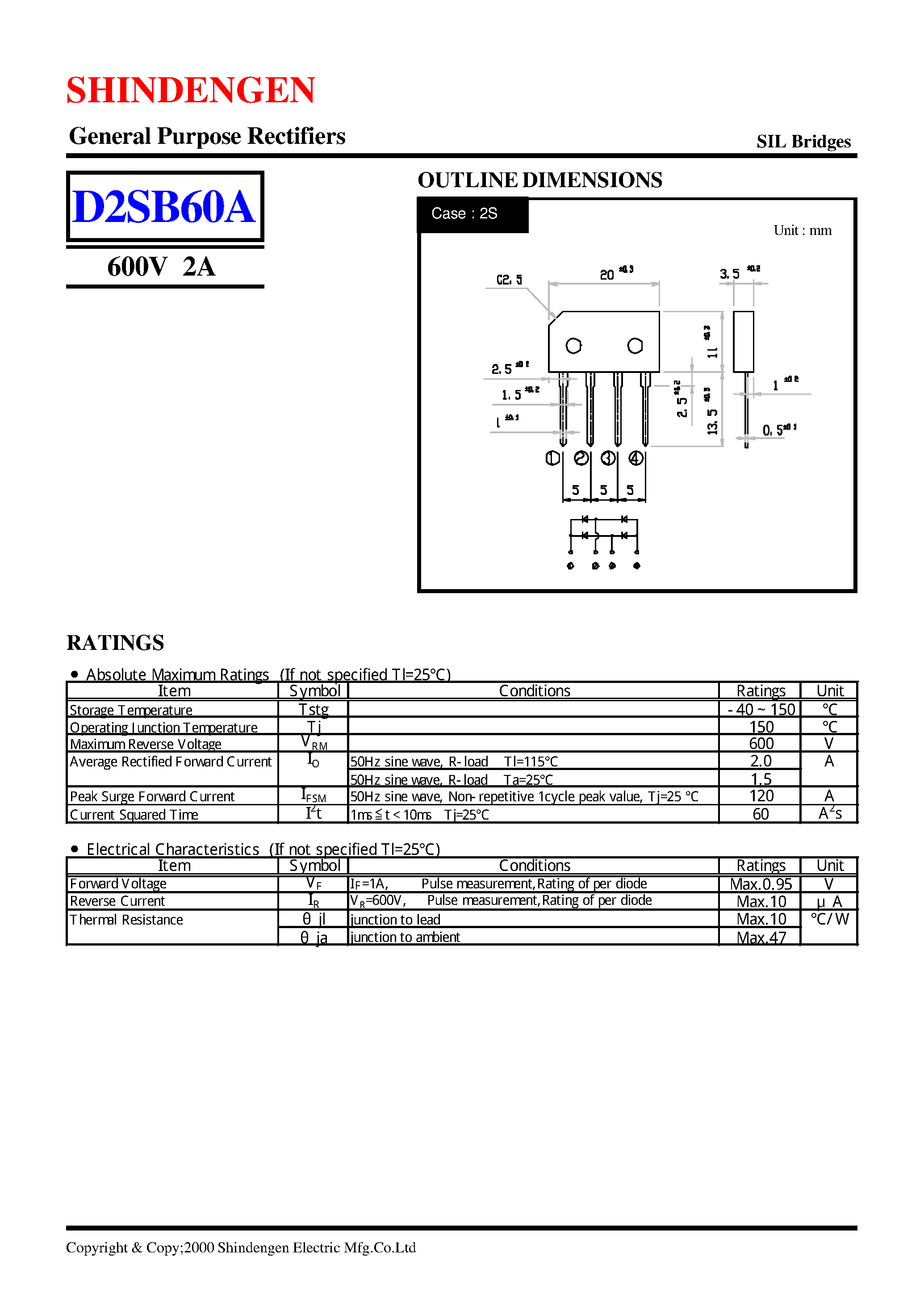 Datasheet D2SB60A page 1 Datasheet D2SB60A - General Purpose Rectifiers(600V 2A) page 1