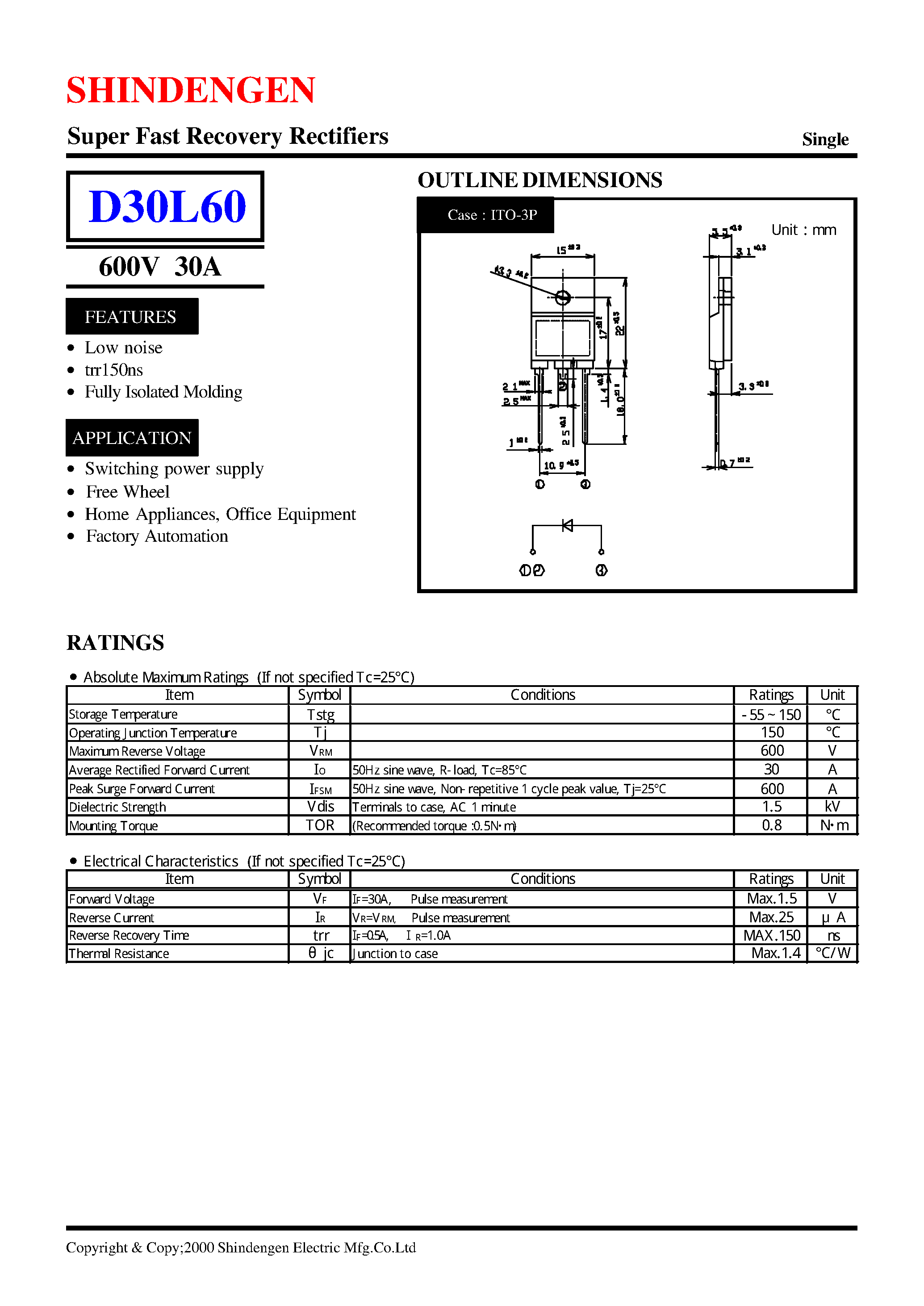Datasheet D30L60 page 1 Datasheet D30L60 - Super Fast Recovery Rectifiers(600V 30A) page 1