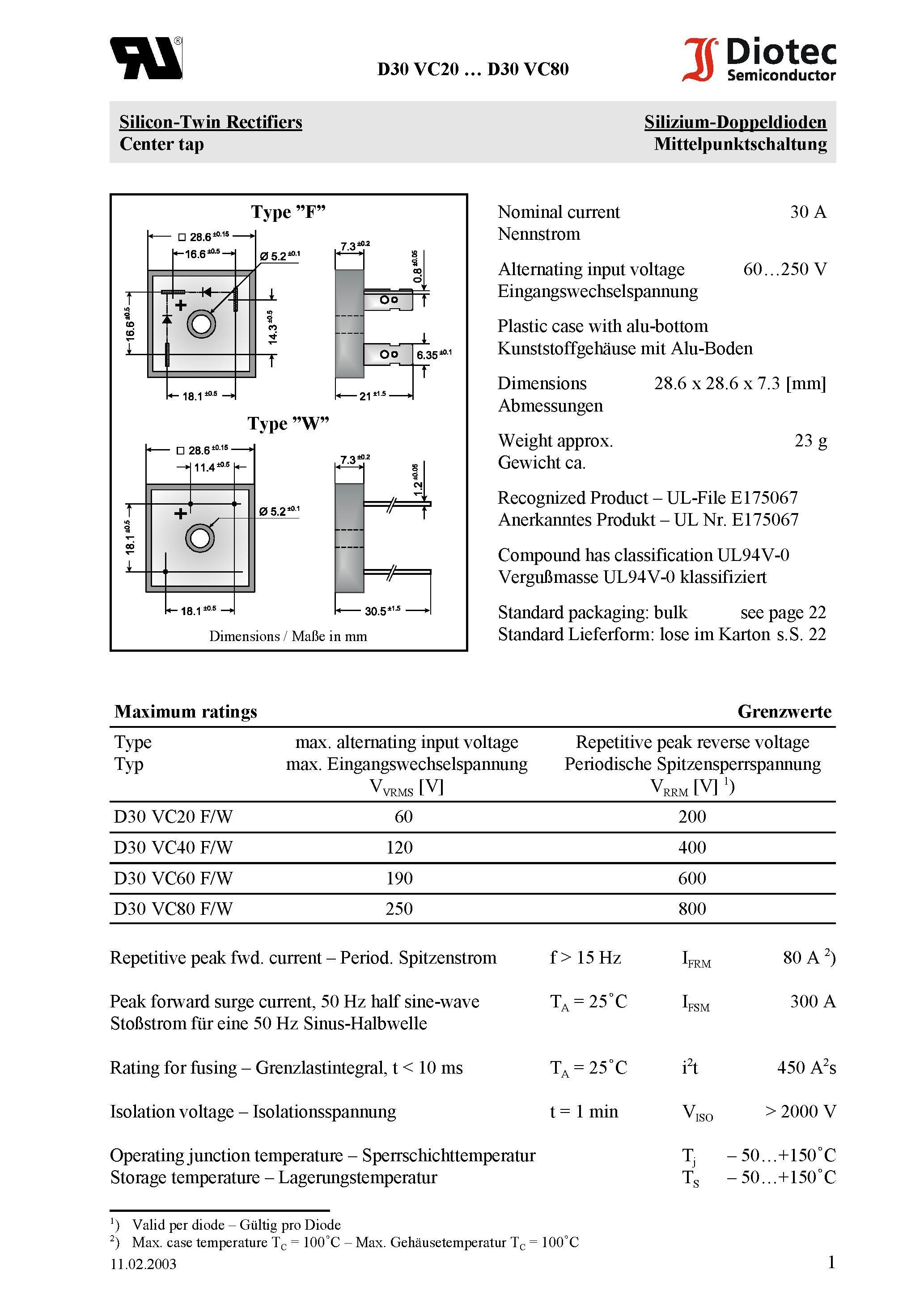 Datasheet D30VC80W page 1 Datasheet D30VC80W - Silicon-Twin Rectifiers Center tap page 1