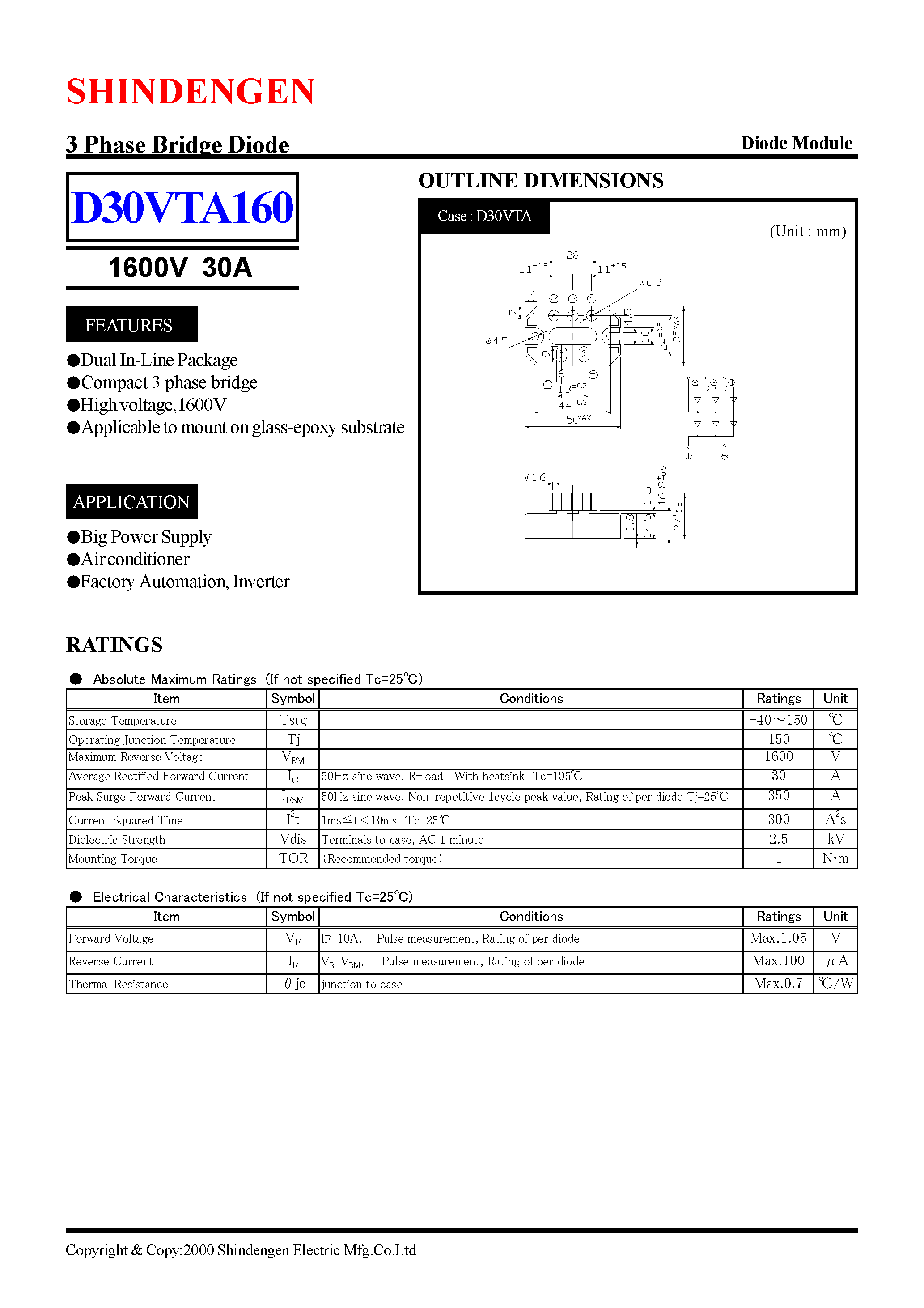 Datasheet D30VTA160 - 3 Phase Bridge Diode(1600V 30A) page 1