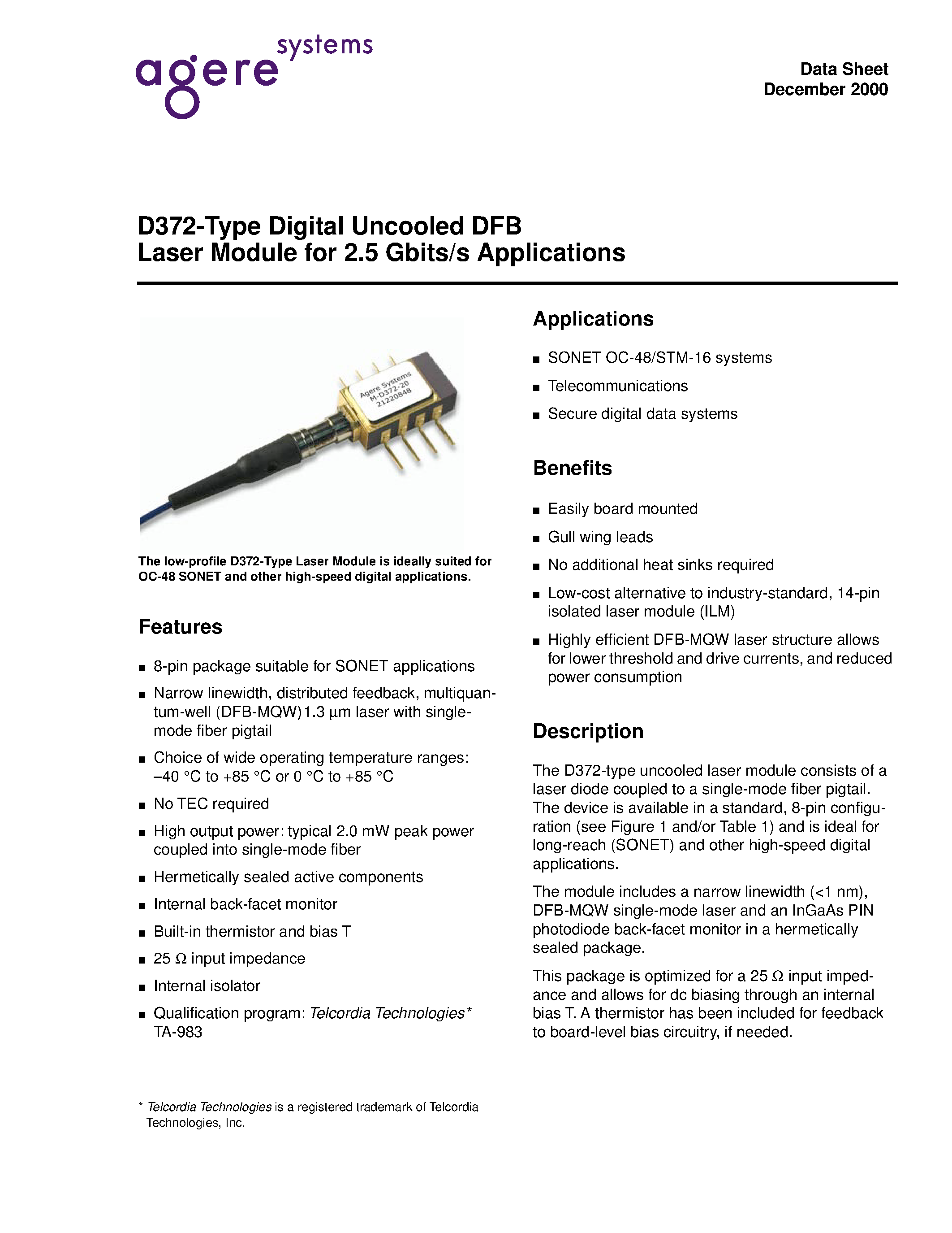 Datasheet D372-20GS - D372-Type Digital Uncooled DFB Laser Module for 2.5 Gbits/s Applications page 1