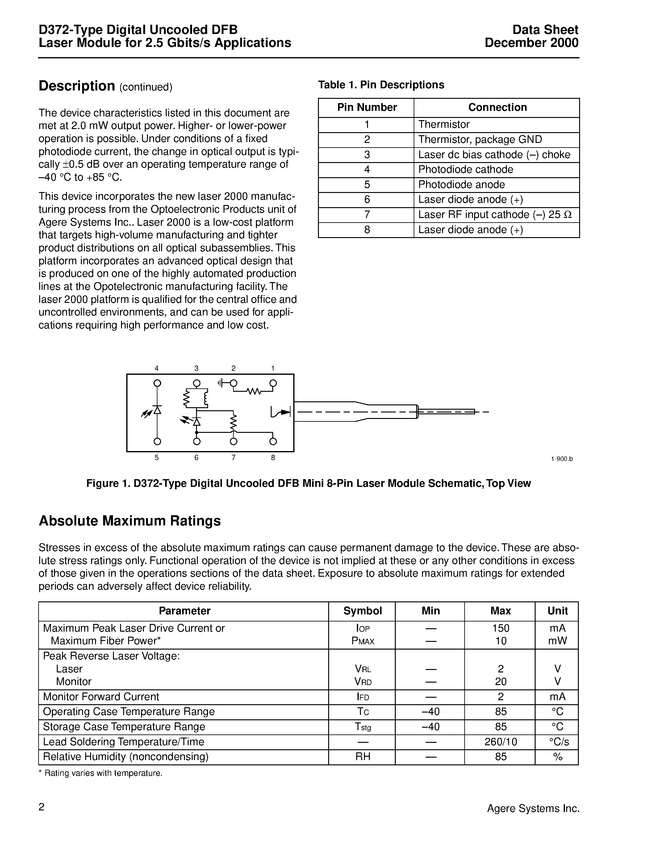 Datasheet D372-21SS - D372-Type Digital Uncooled DFB Laser Module for 2.5 Gbits/s Applications page 2