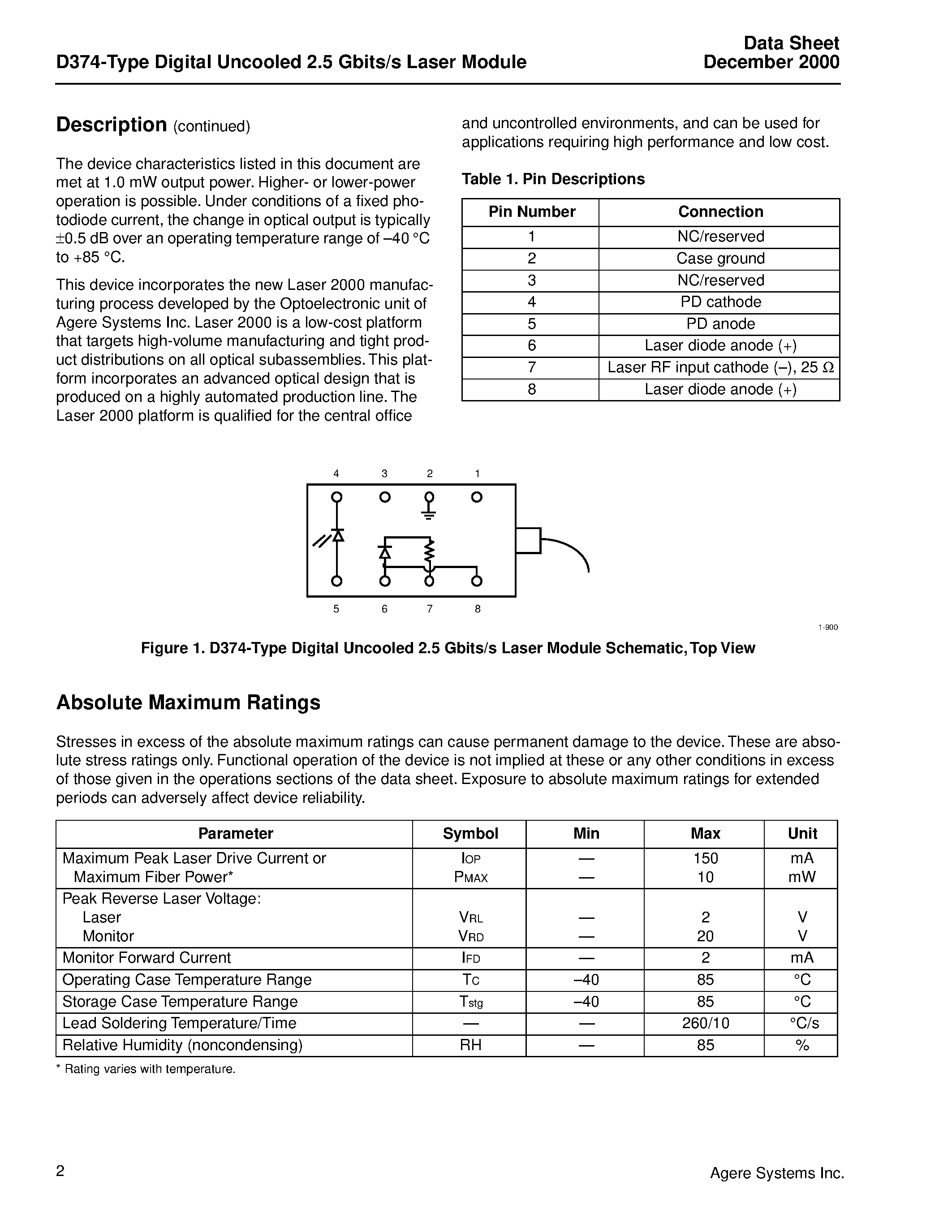 Datasheet D374-10A page 2 Datasheet D374-10A - D374-Type Digital Uncooled 2.5 Gbits/s Laser Module page 2