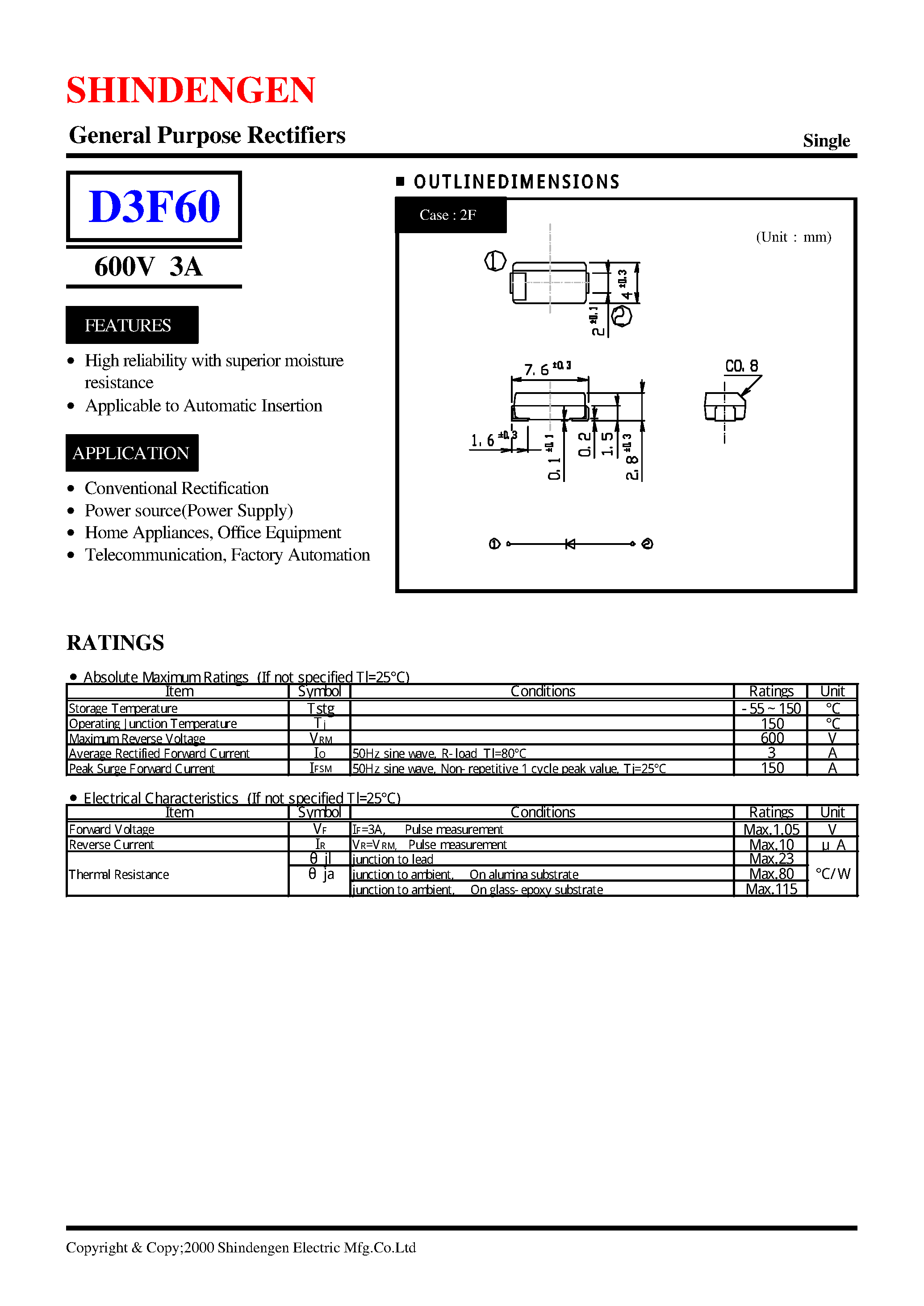 Datasheet D3F60 page 1 Datasheet D3F60 - General Purpose Rectifiers(600V 3A) page 1