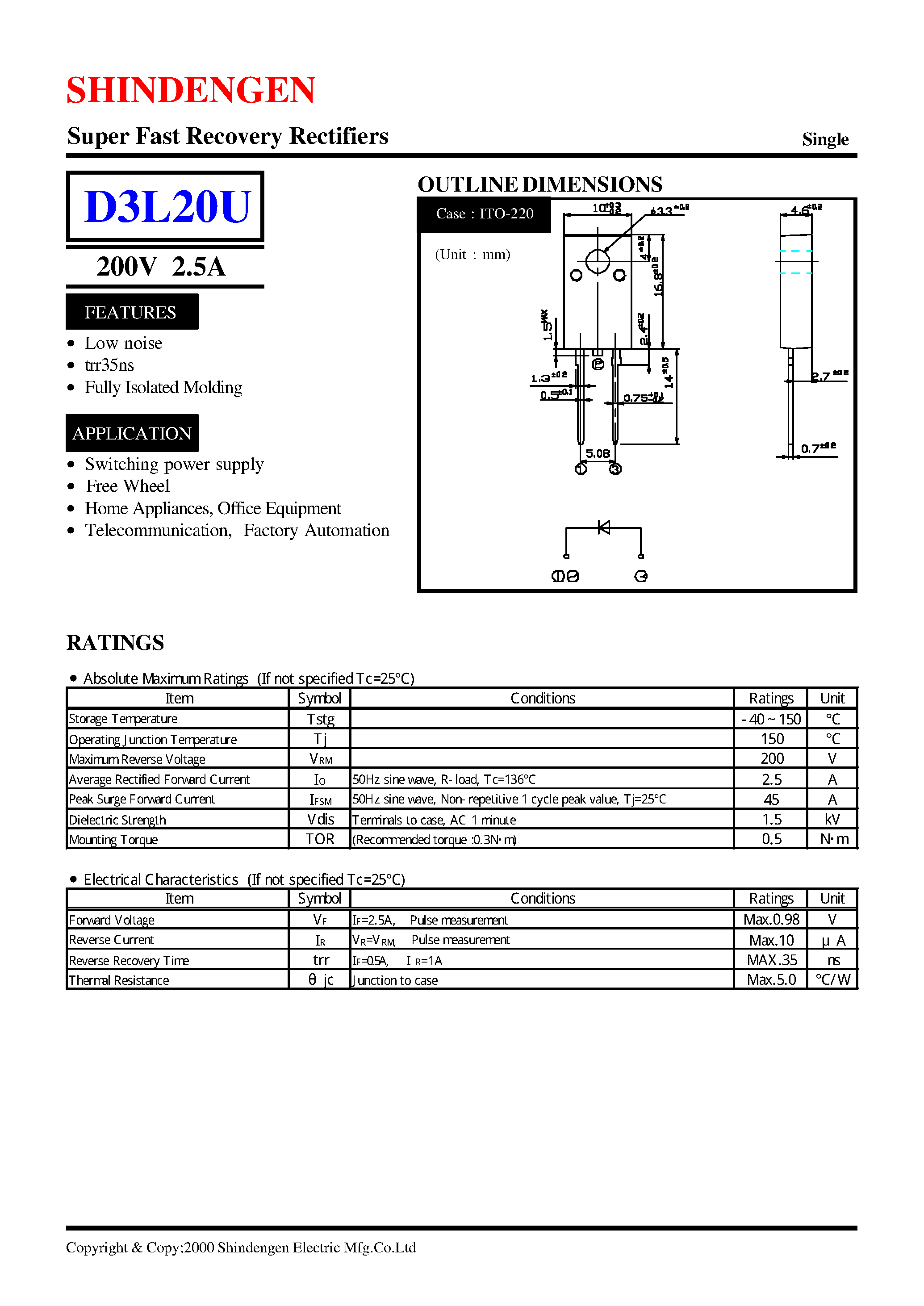 Даташит D3L20U - Super Fast Recovery Rectifiers(200V 2.5A) страница 1