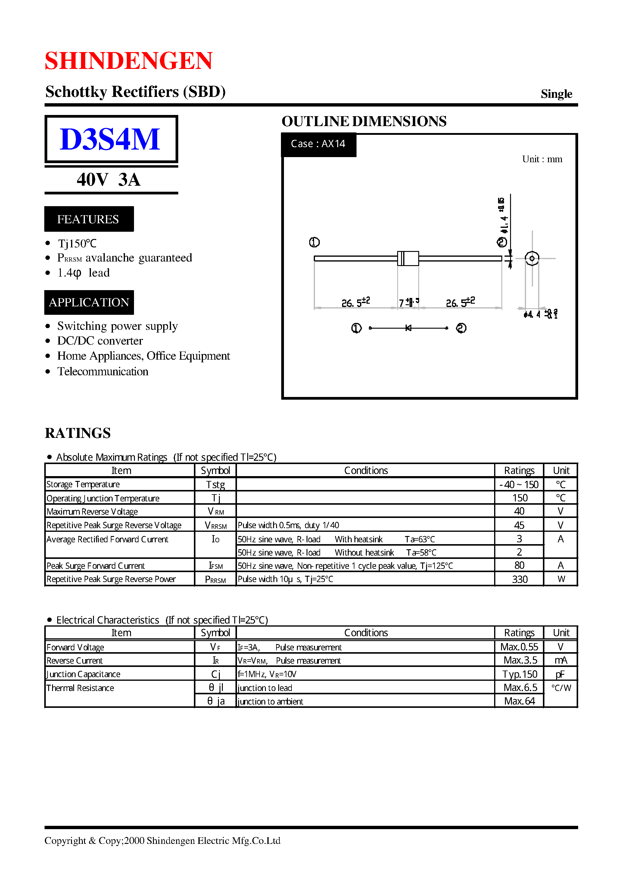 Datasheet D3S4M page 1 Datasheet D3S4M - Schottky Rectifiers (SBD) (40V 3A) page 1