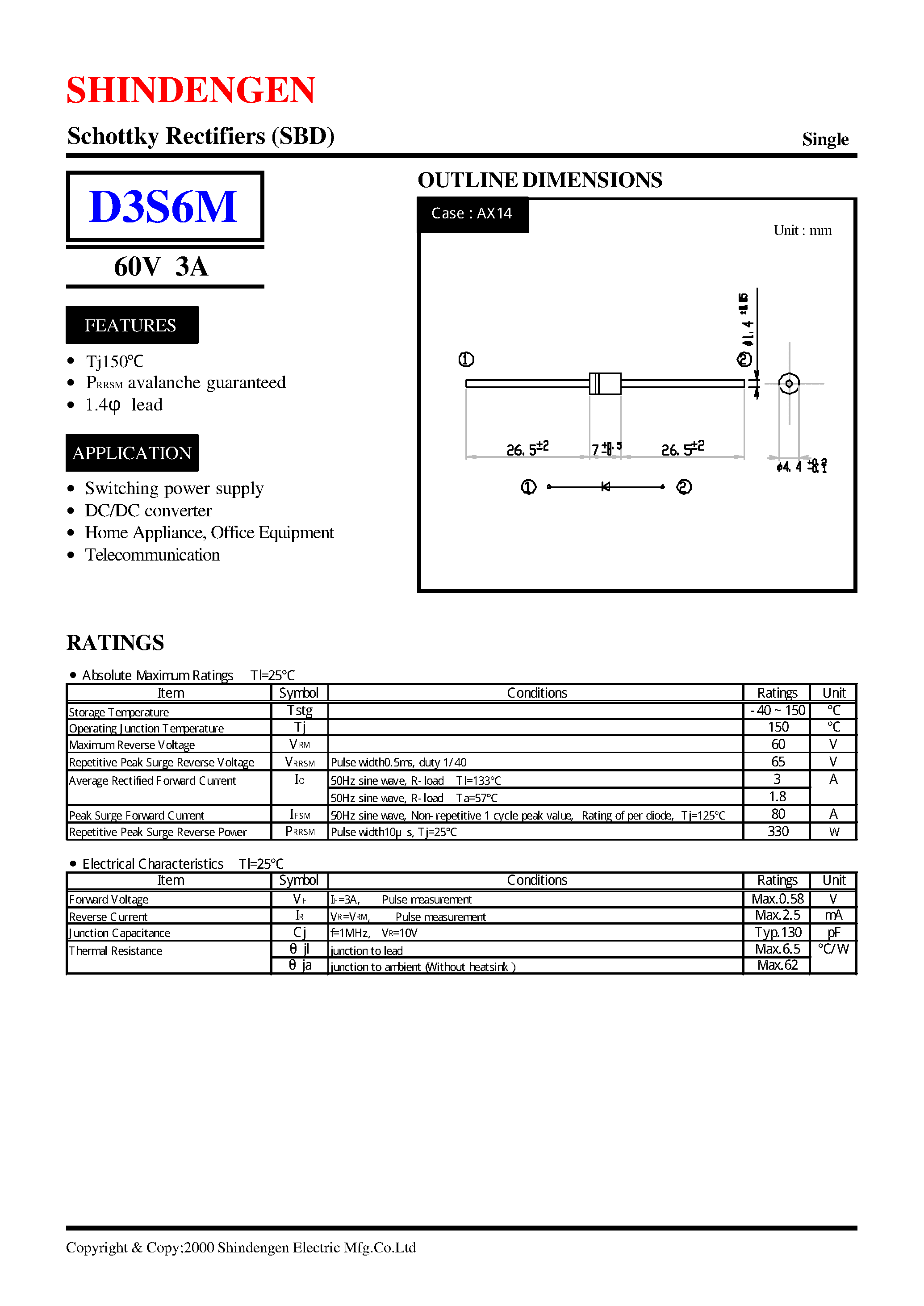 Datasheet D3S6 page 1 Datasheet D3S6 - Schottky Rectifiers (SBD) (60V 3A) page 1