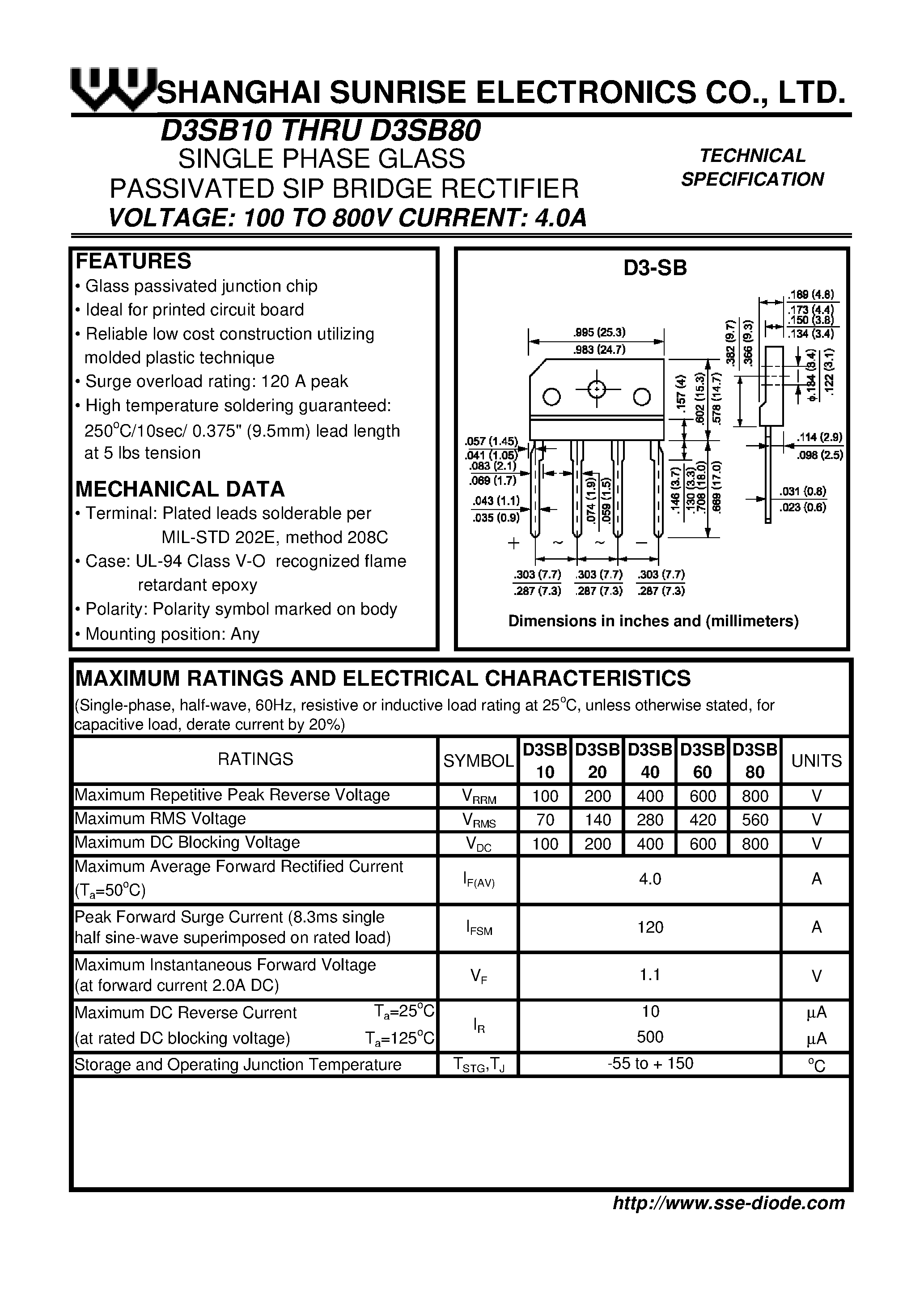 Datasheet D3SB10 - SINGLE PHASE GLASS PASSIVATED SIP BRIDGE RECTIFIER page 1