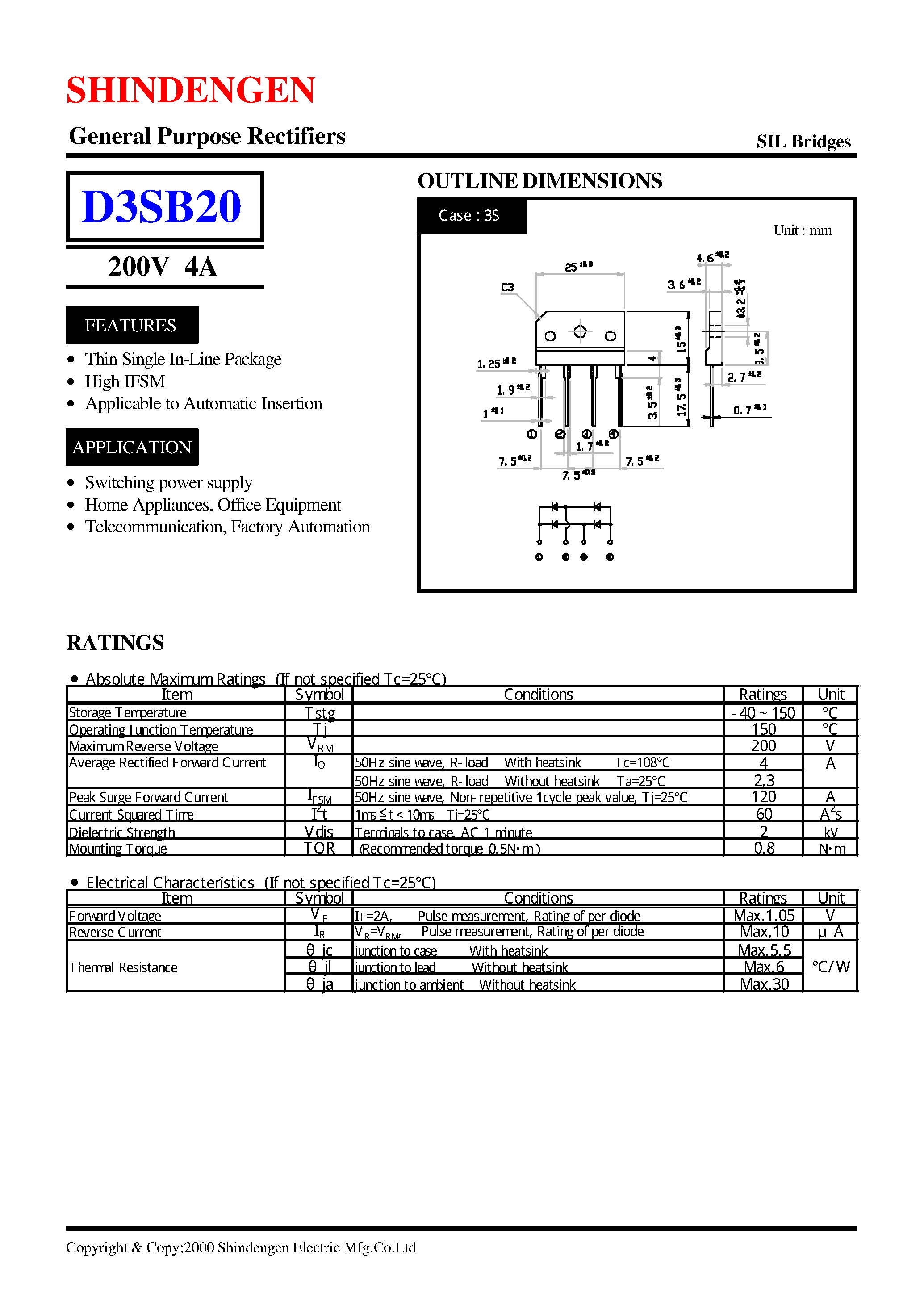 Datasheet D3SB20 page 1 Datasheet D3SB20 - General Purpose Rectifiers(200V 4A) page 1