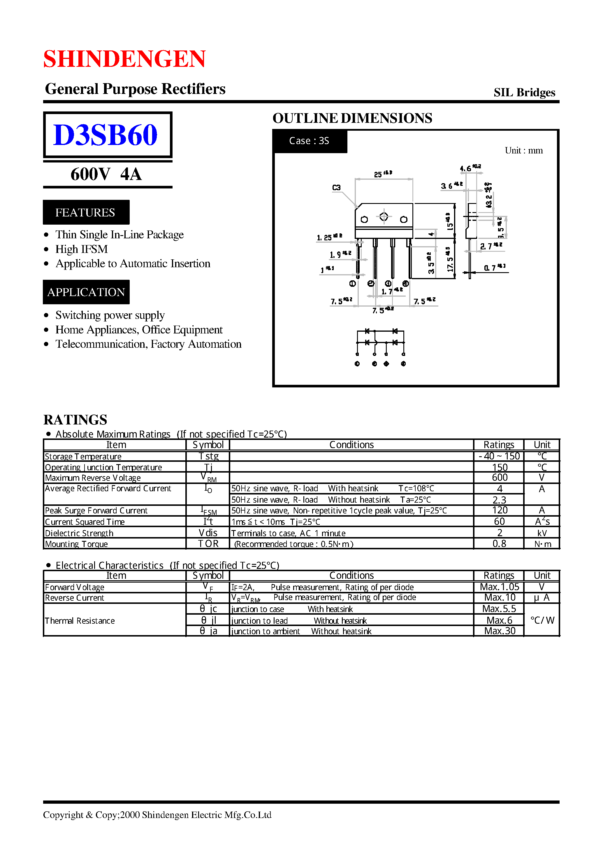 Datasheet D3SB60 page 1 Datasheet D3SB60 - General Purpose Rectifiers(600V 4A) page 1