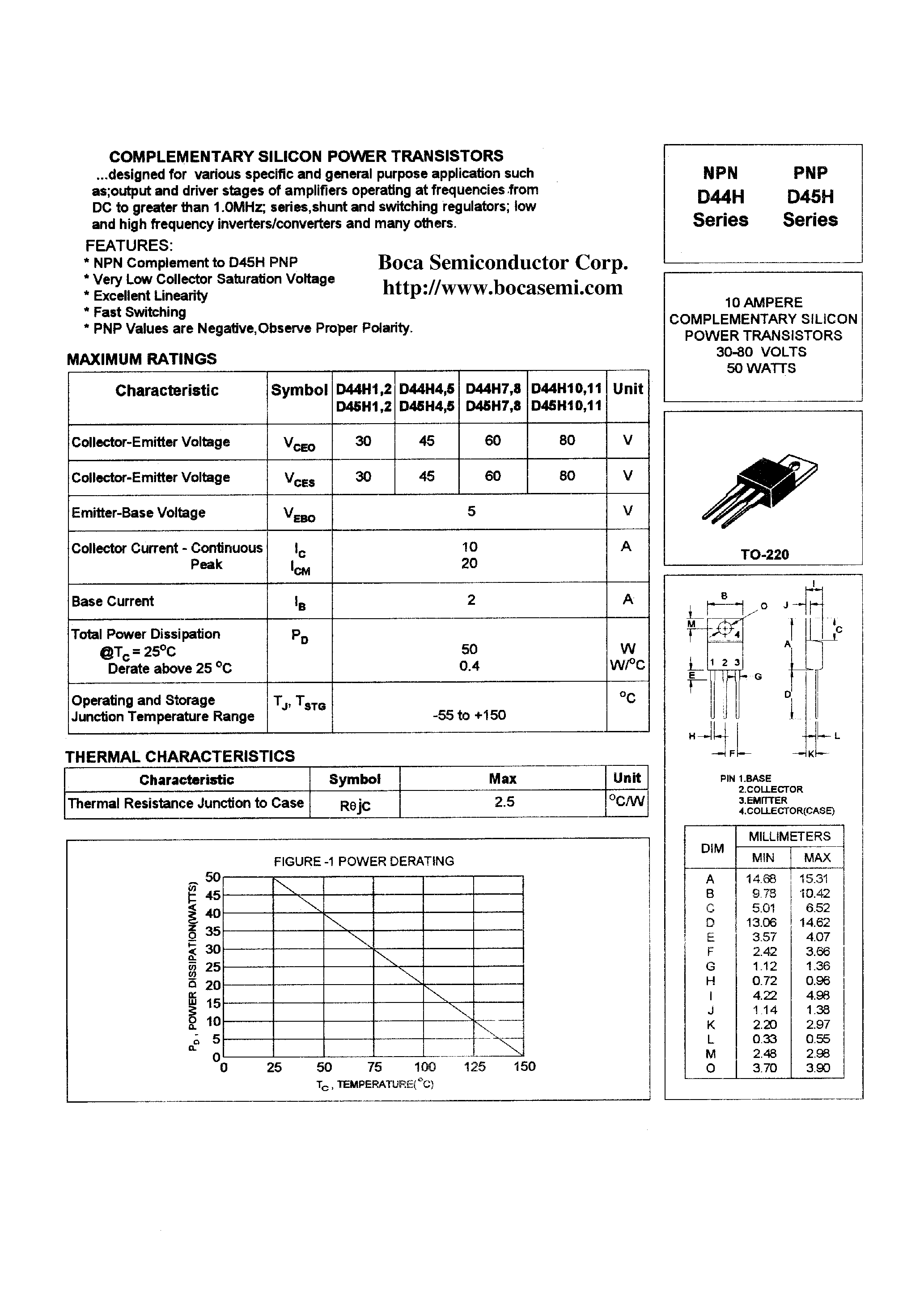 Datasheet D44H - COMPLEMENTARY SILICON POWER TRANSISTORS page 1