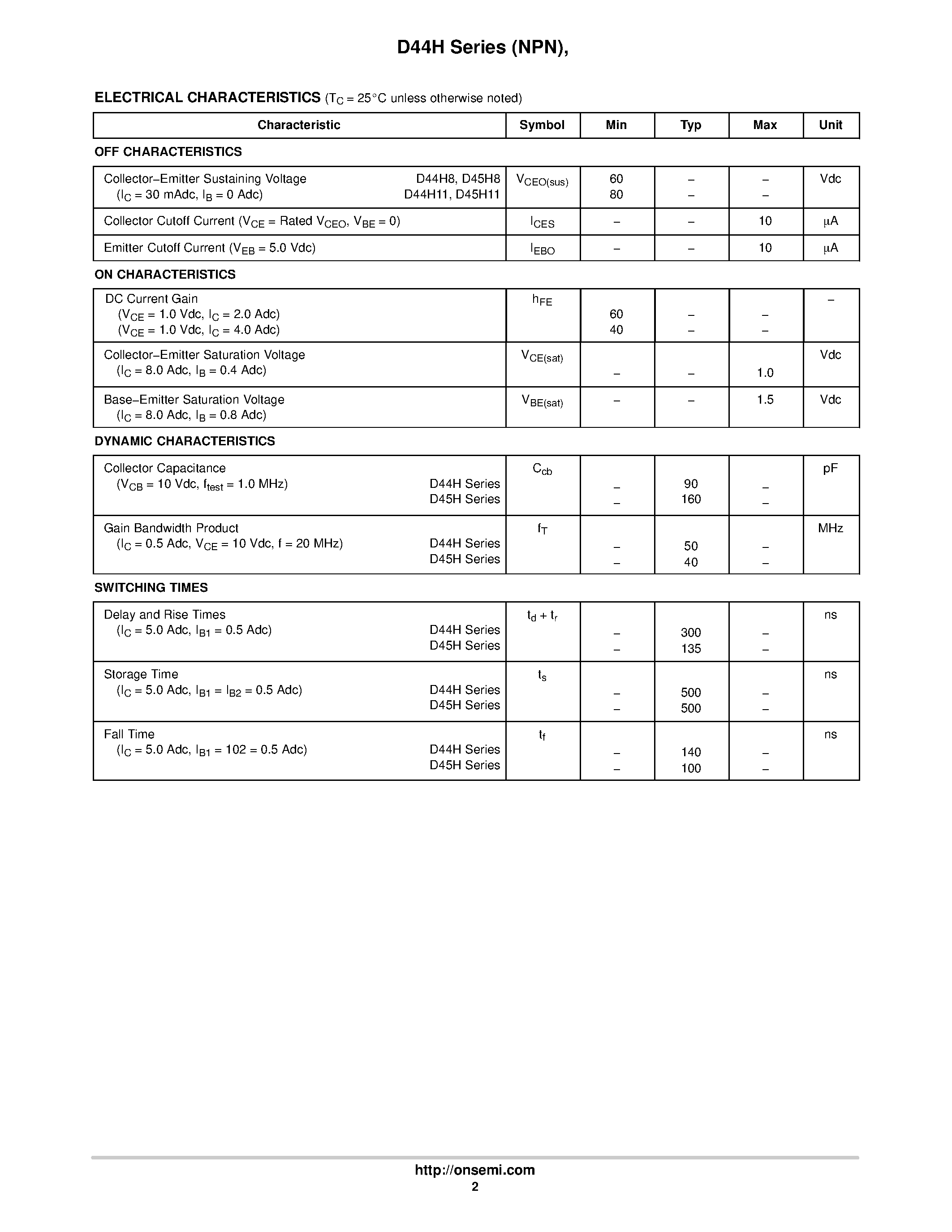 Datasheet D44H10 - COMPLEMENTARY SILICON POWER TRANSISTORS page 2