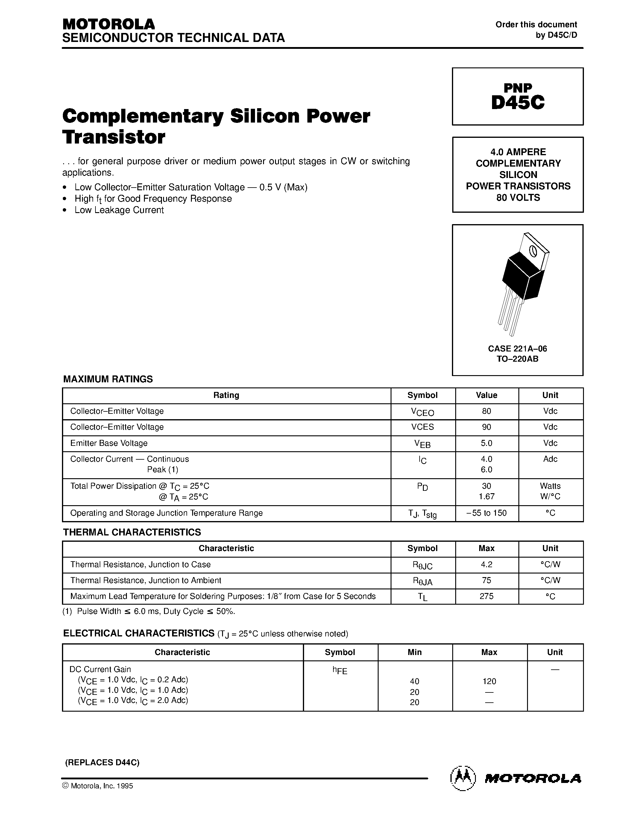 Datasheet D45C - 4.0 AMPERE COMPLEMENTARY SILICON POWER TRANSISTORS 80 VOLTS page 1