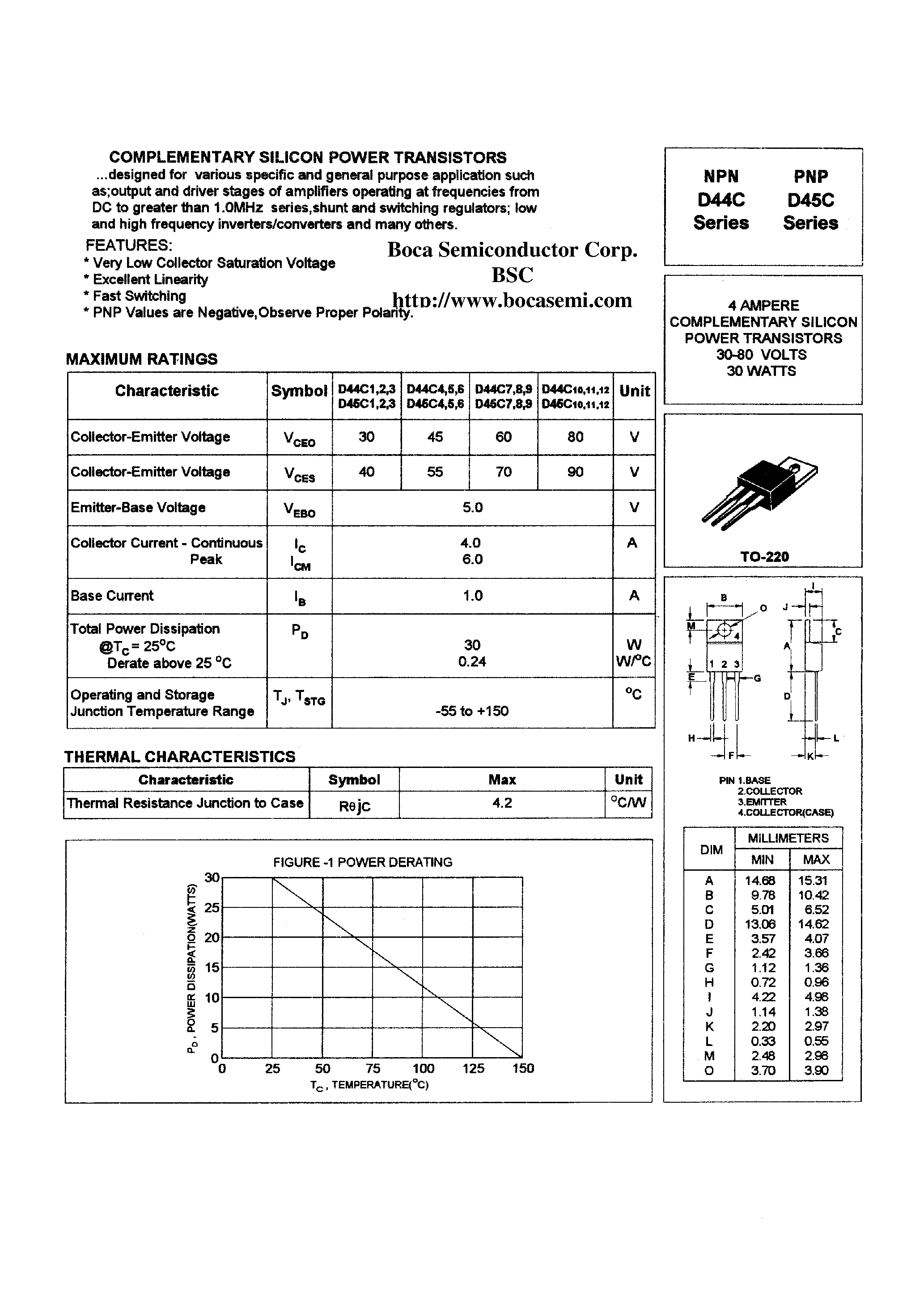 Даташит D45C4 - COMPLEMENTARY SILICON POWER TRANSISTORS страница 1