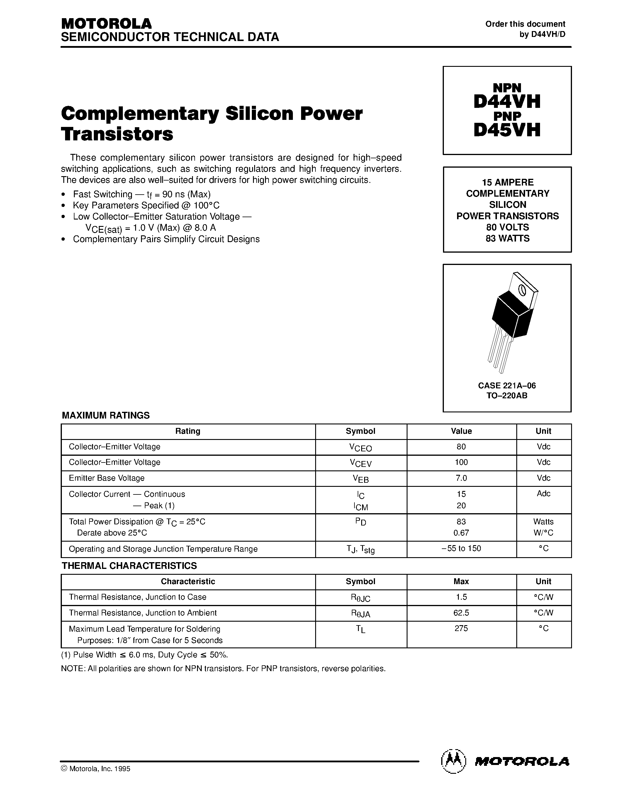 Даташит D45H - 15 AMPERE COMPLEMENTARY SILICON POWER TRANSISTORS 80 VOLTS 83 WATTS страница 1