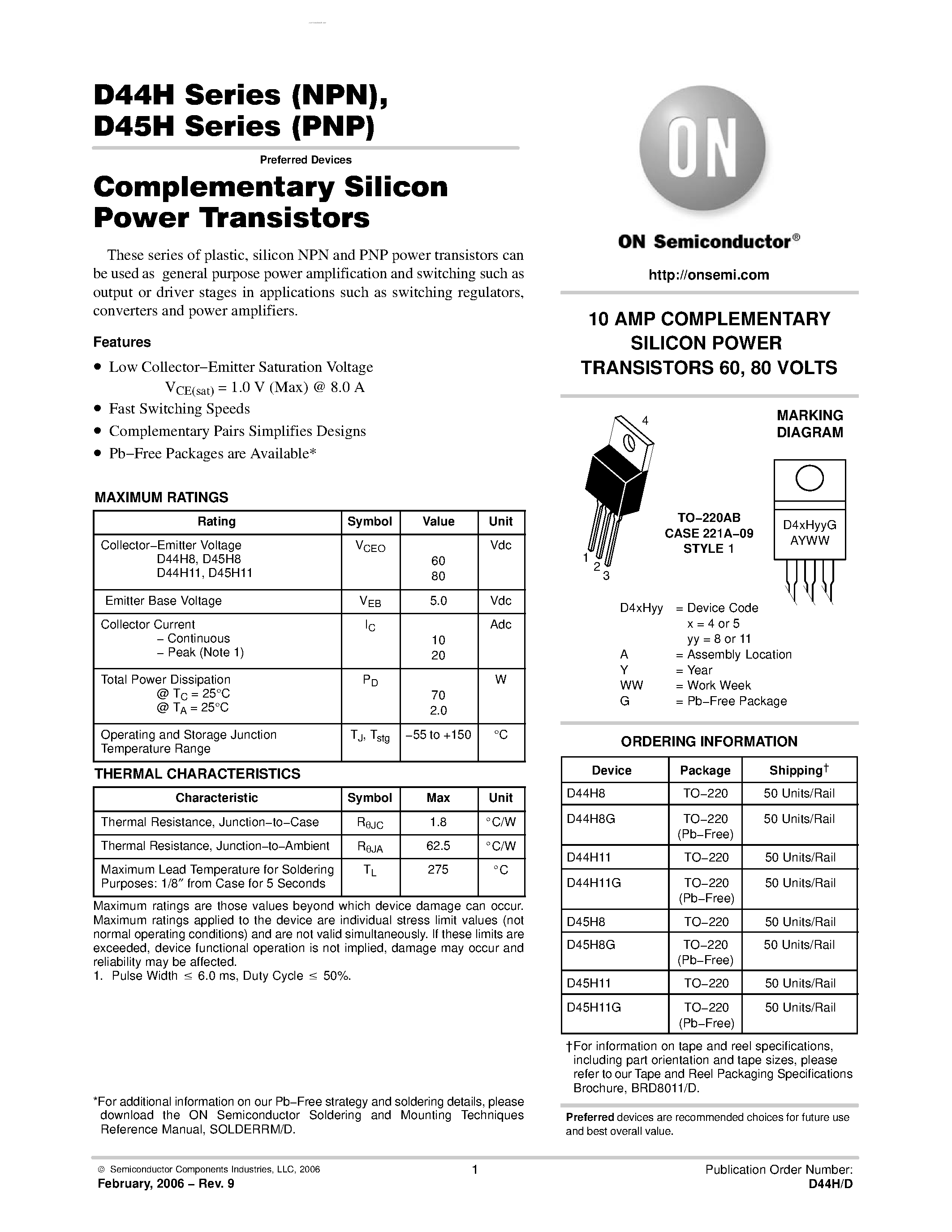 Даташит D45H10 - COMPLEMENTARY SILICON POWER TRANSISTORS страница 1