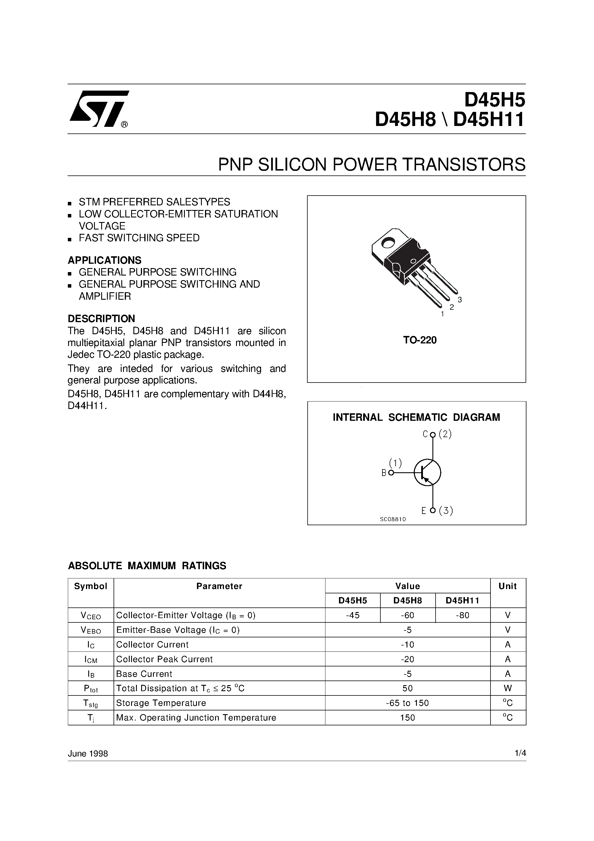 Даташит D45H11 - PNP SILICON POWER TRANSISTORS страница 1