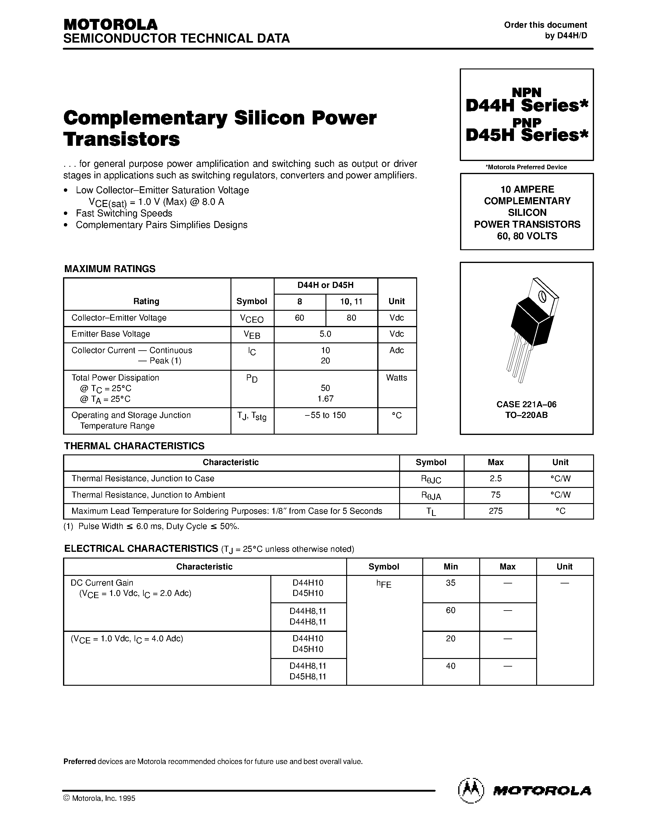 Даташит D45H8 - 10 AMPERE COMPLEMENTARY SILICON POWER TRANSISTORS 60/ 80 VOLTS страница 1