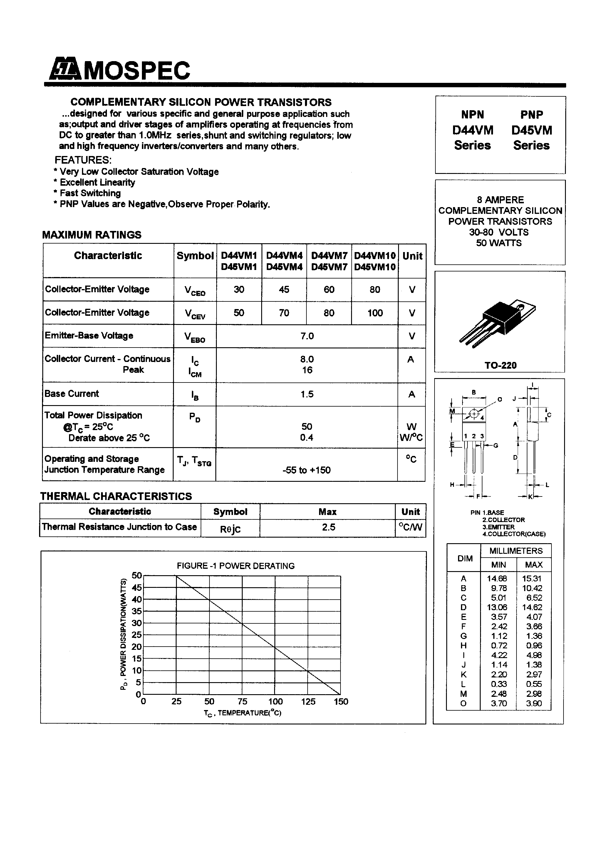 Даташит D45MV10 - POWER TRANSISTORS(8A/30-80V/50W) страница 1