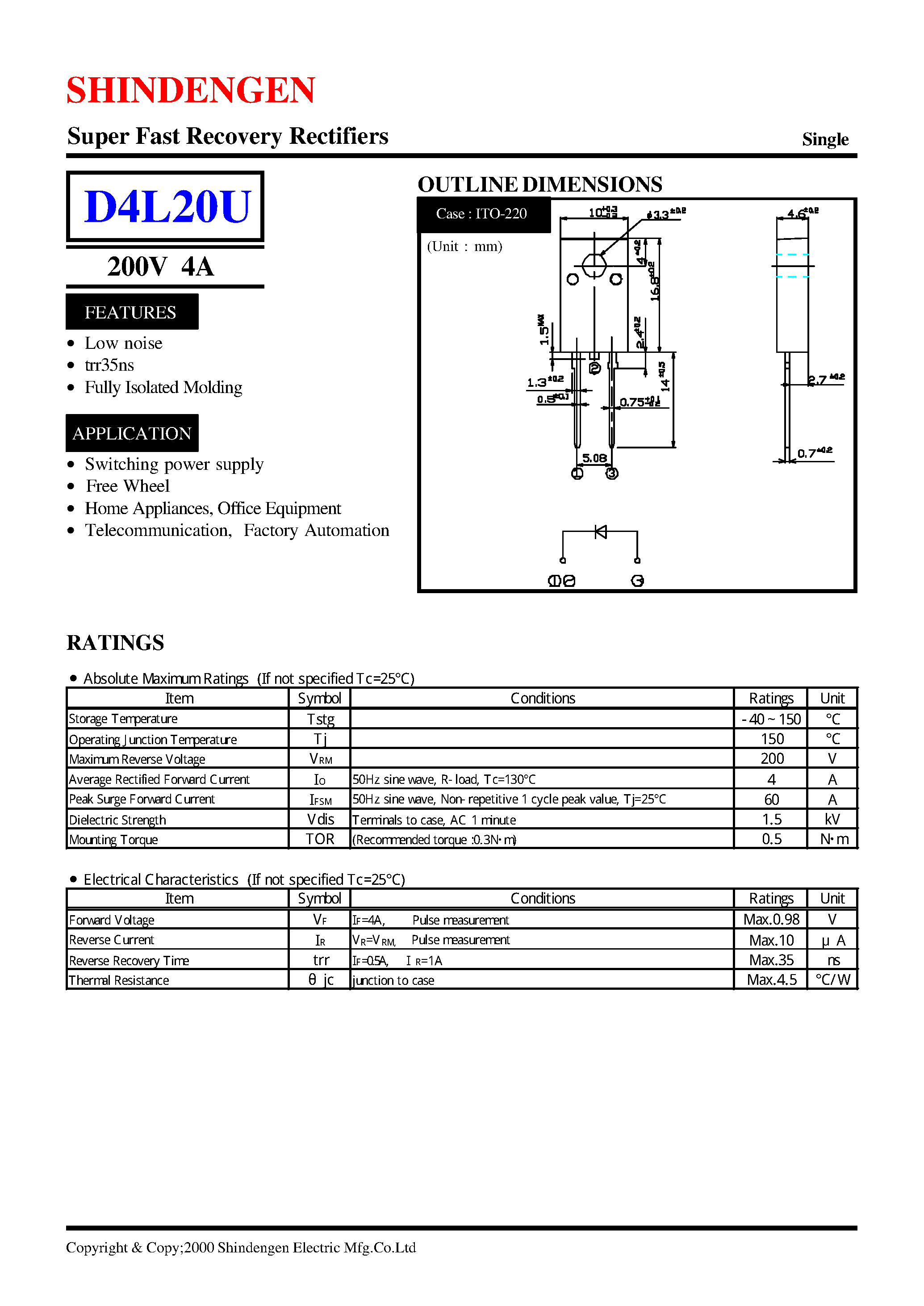 Datasheet D4L20U page 1 Datasheet D4L20U - Super Fast Recovery Rectifiers (200V 4A) page 1