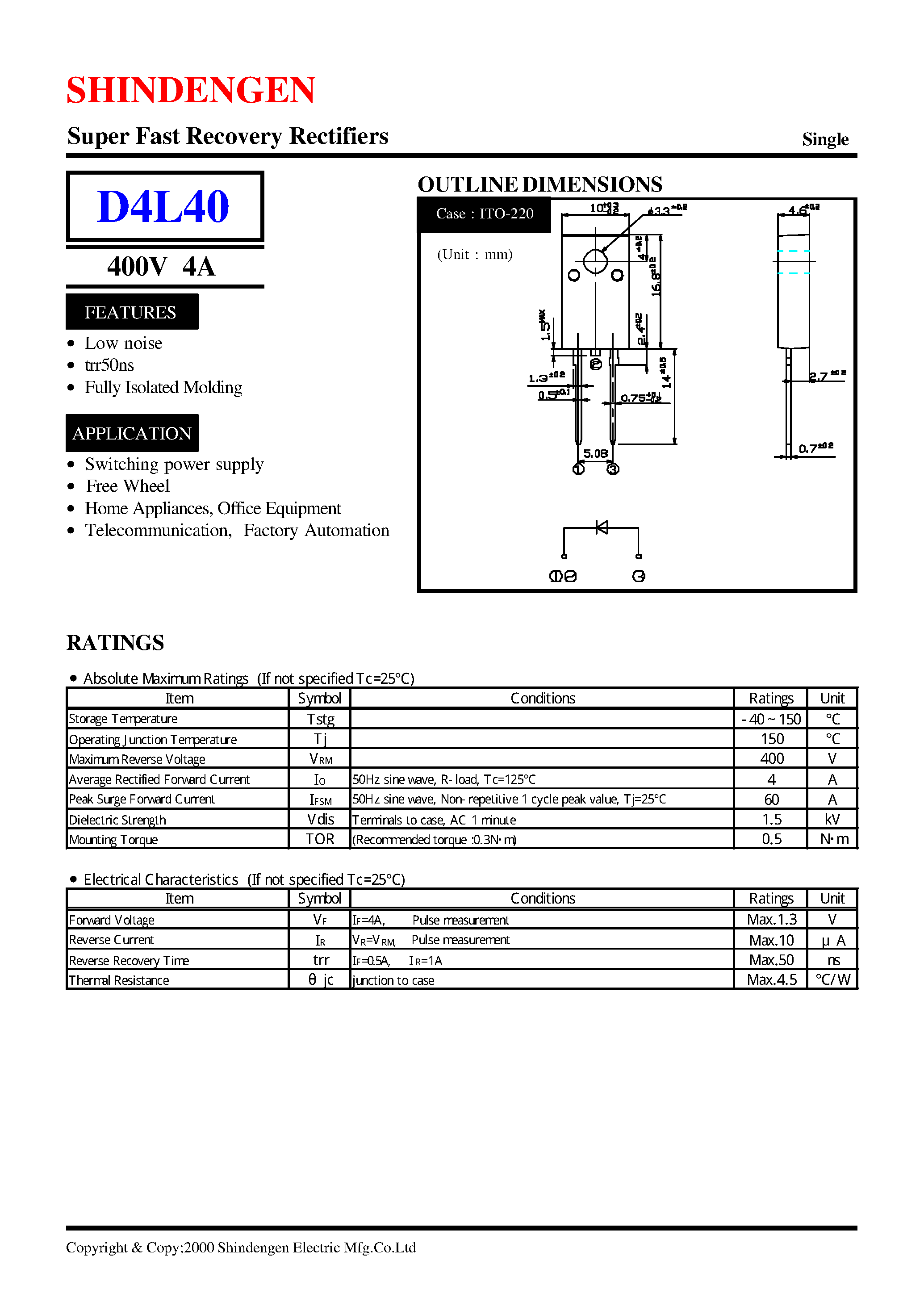 Datasheet D4L40 page 1 Datasheet D4L40 - Super Fast Recovery Rectifiers(400V 4A) page 1