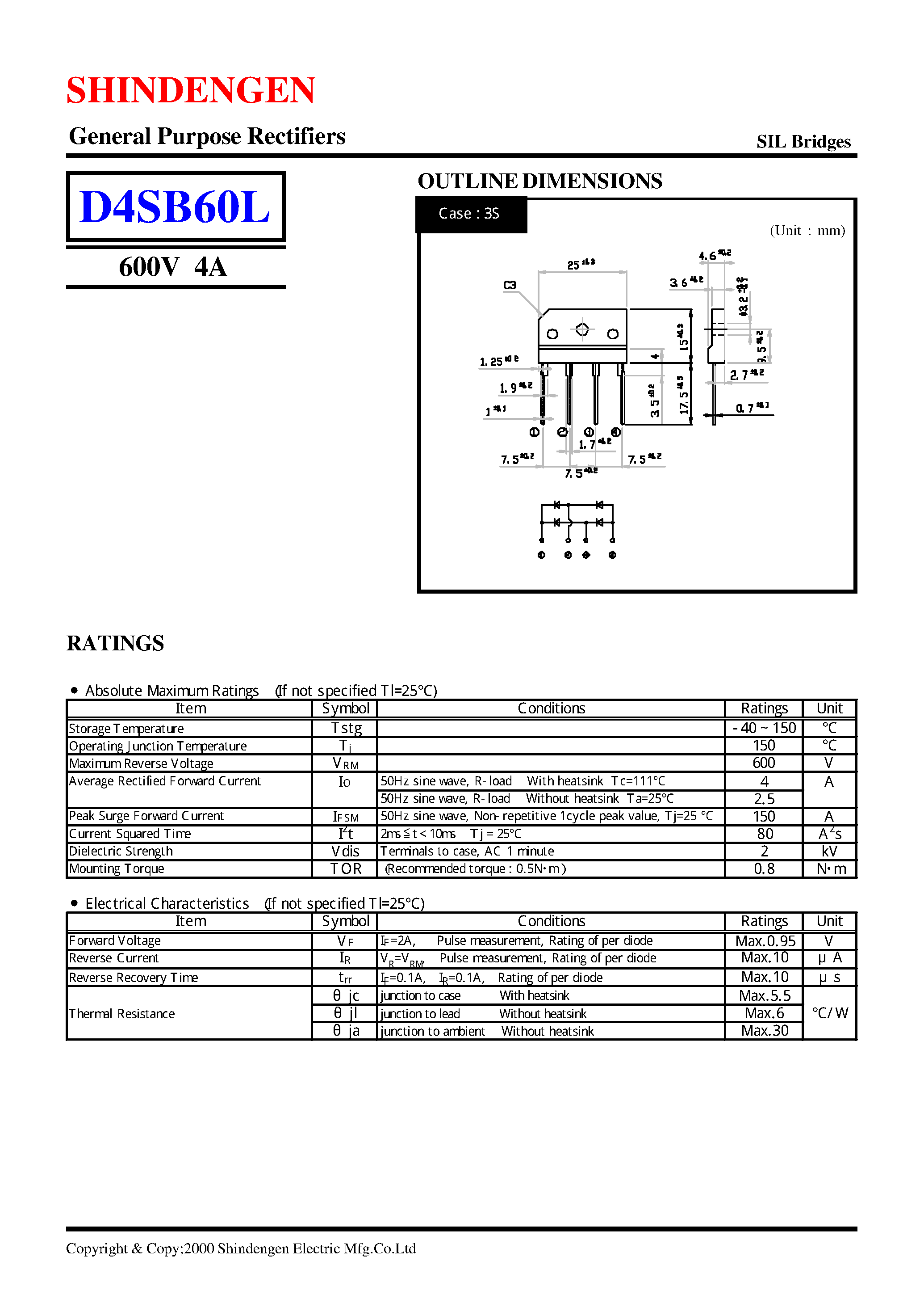 Datasheet D4SB60 page 1 Datasheet D4SB60 - General Purpose Rectifiers(600V 4A) page 1