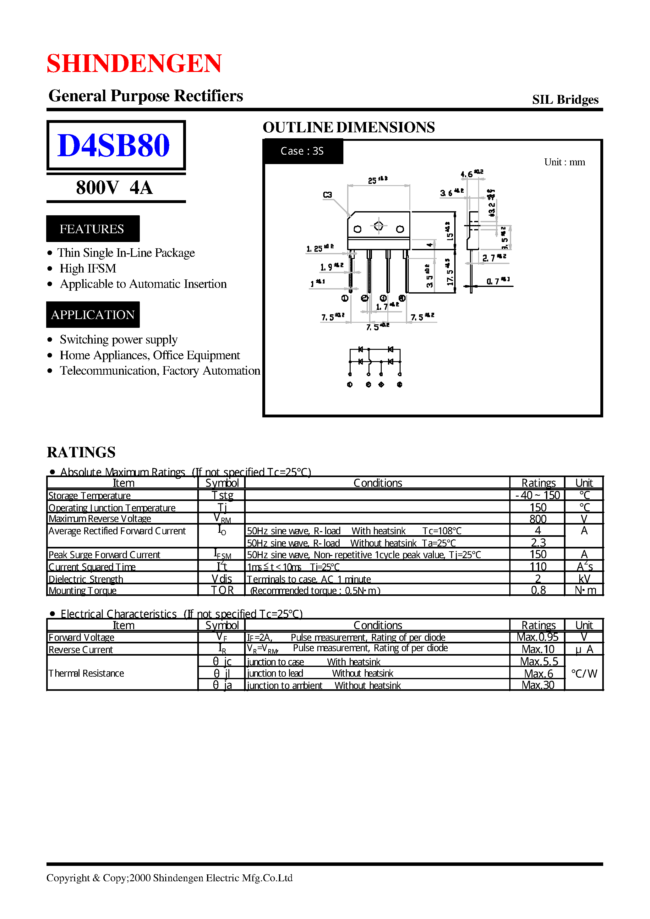Datasheet D4SB80 page 1 Datasheet D4SB80 - General Purpose Rectifiers(800V 4A) page 1