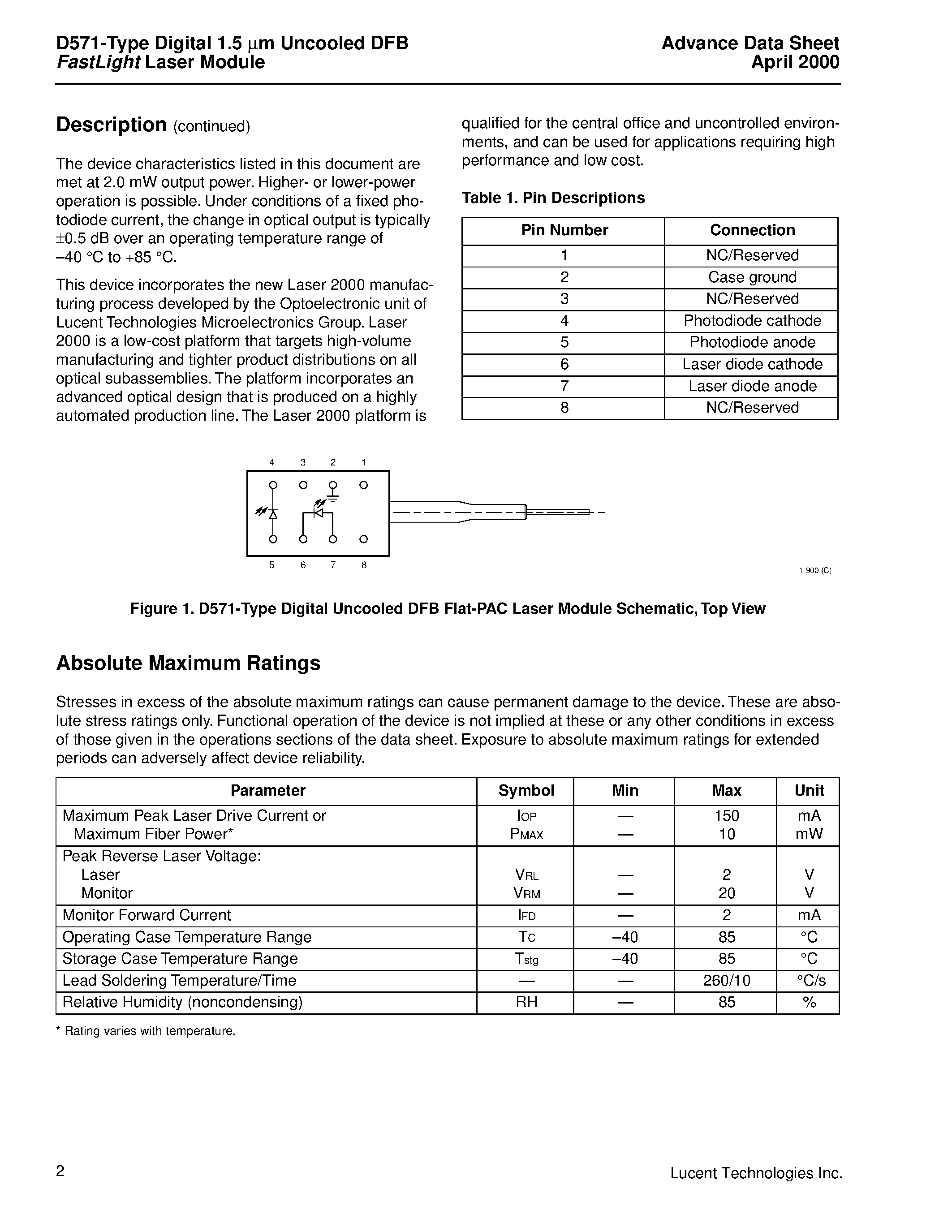 Datasheet D571-20F - D571-Type Digital 1.5 m m Uncooled DFB FastLight Laser Module page 2