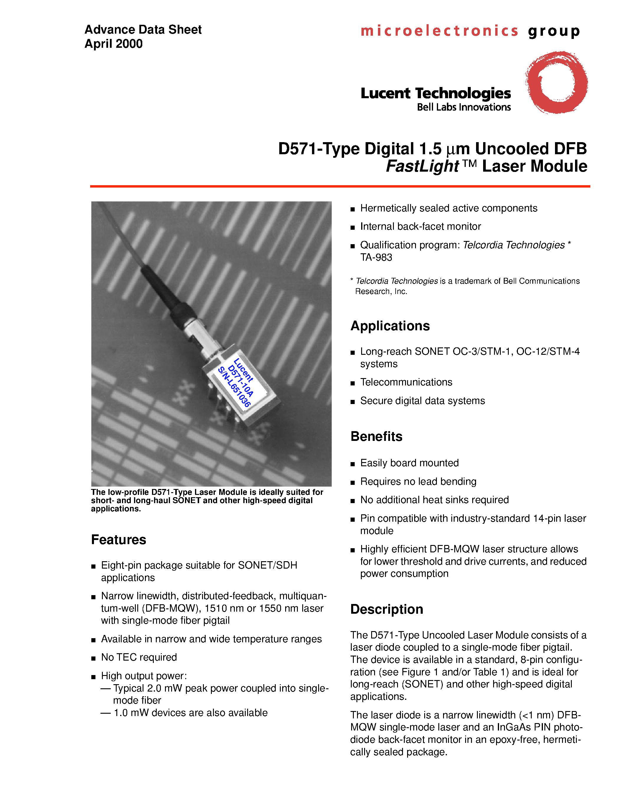 Datasheet D571C21F - D571-Type Digital 1.5 m m Uncooled DFB FastLight Laser Module page 1